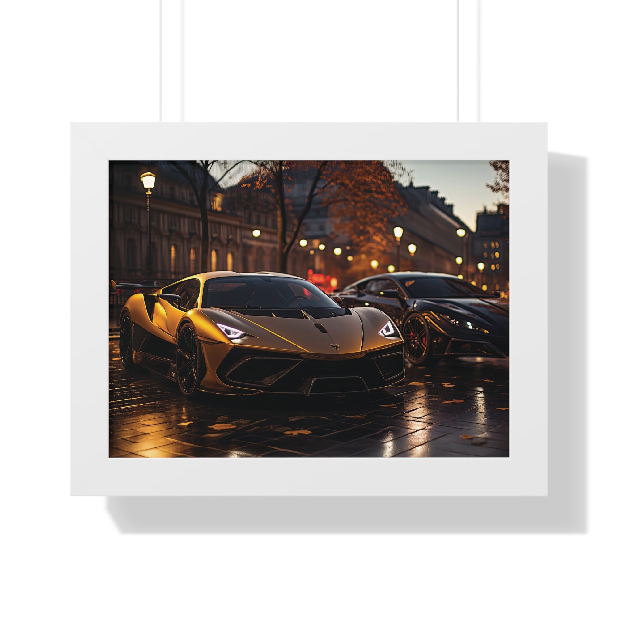 Modified Lamborghini Gold Print - A wet City Street at Night with illuminated Street Lamps