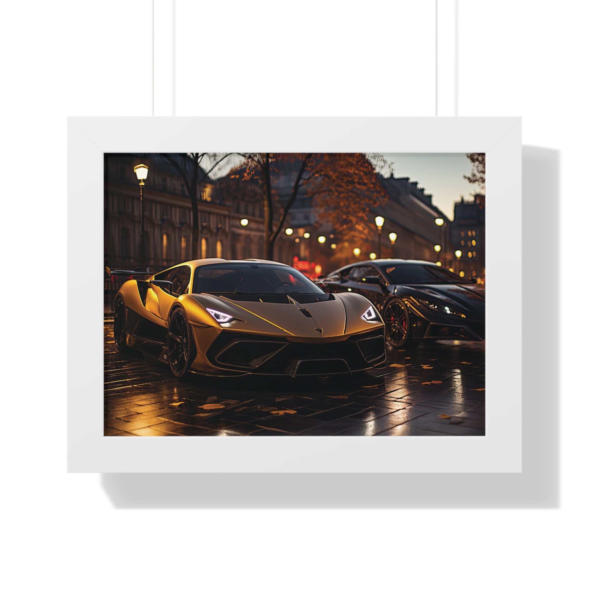 Modified Lamborghini Gold Print - A wet City Street at Night with illuminated Street Lamps