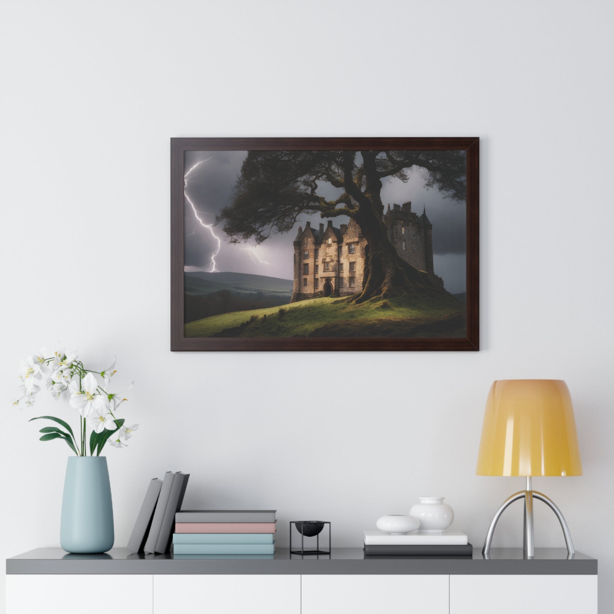 Haunted Scottish Castle Wall Art – Lightning Storm & Ancient Tree Landscape Print