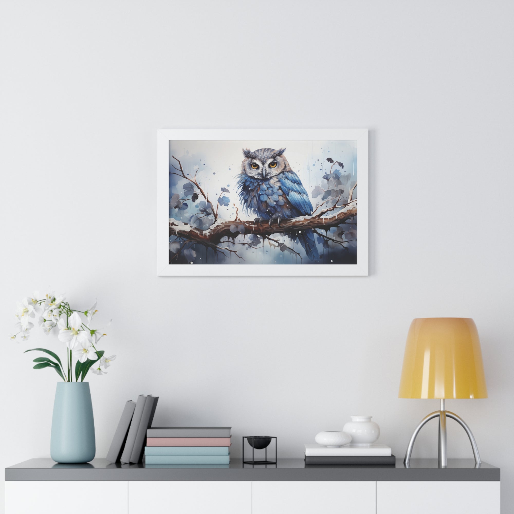 Winter❄️Watcher — Blue Owl Watercolor Print on Snowy Perch