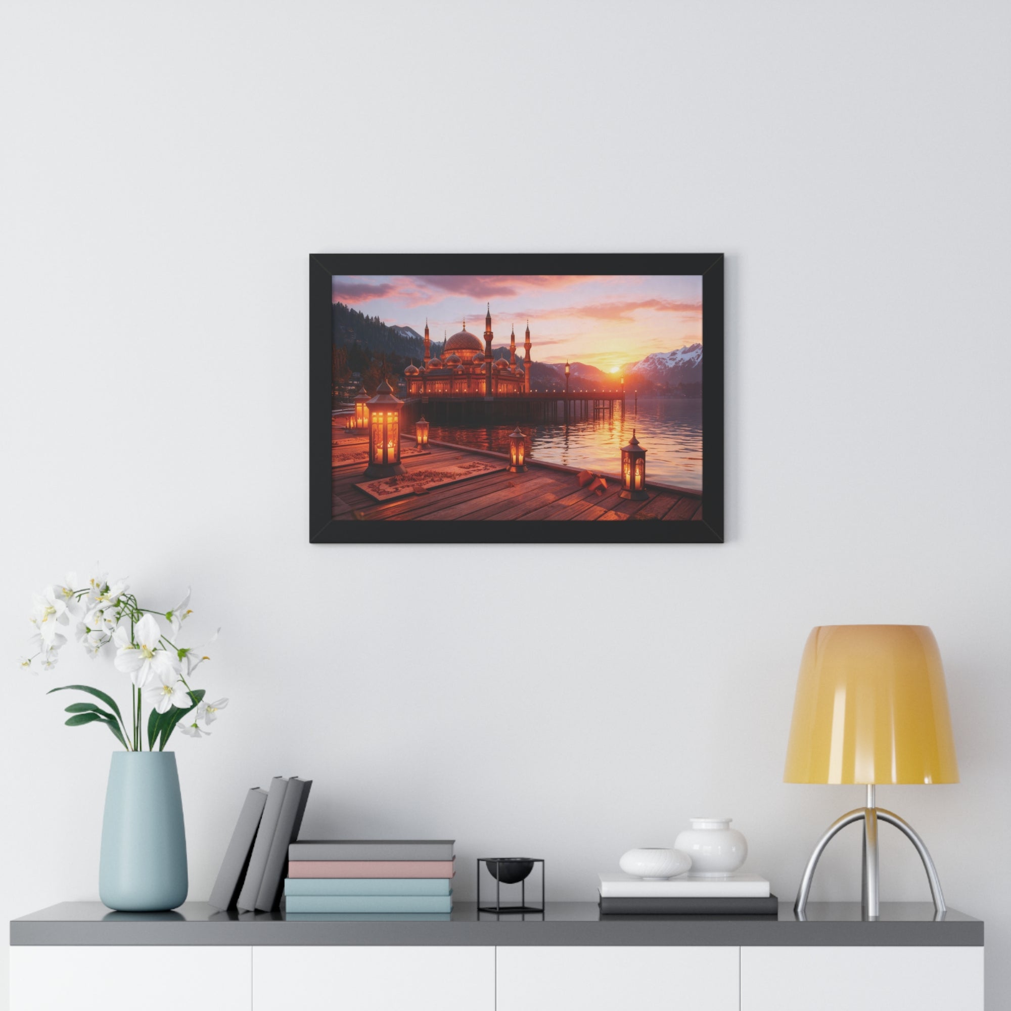 Twilight Serenity – Illuminated Mosque Reflections Framed Wall Art