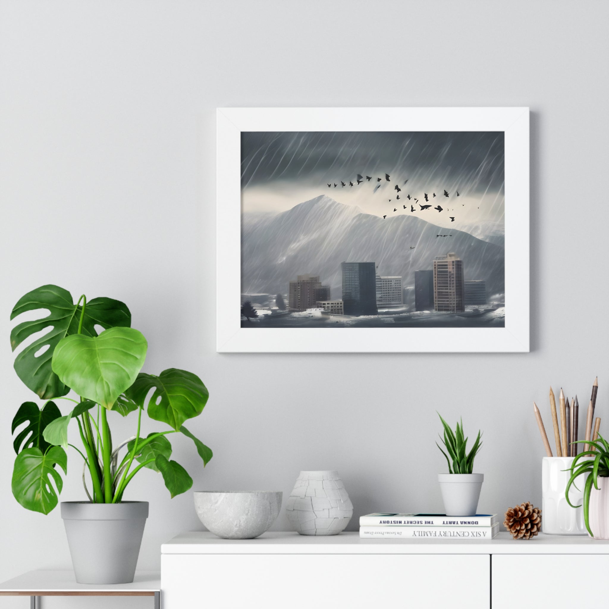 Urban Downpour with Birds in Flight – Futuristic Wall Print