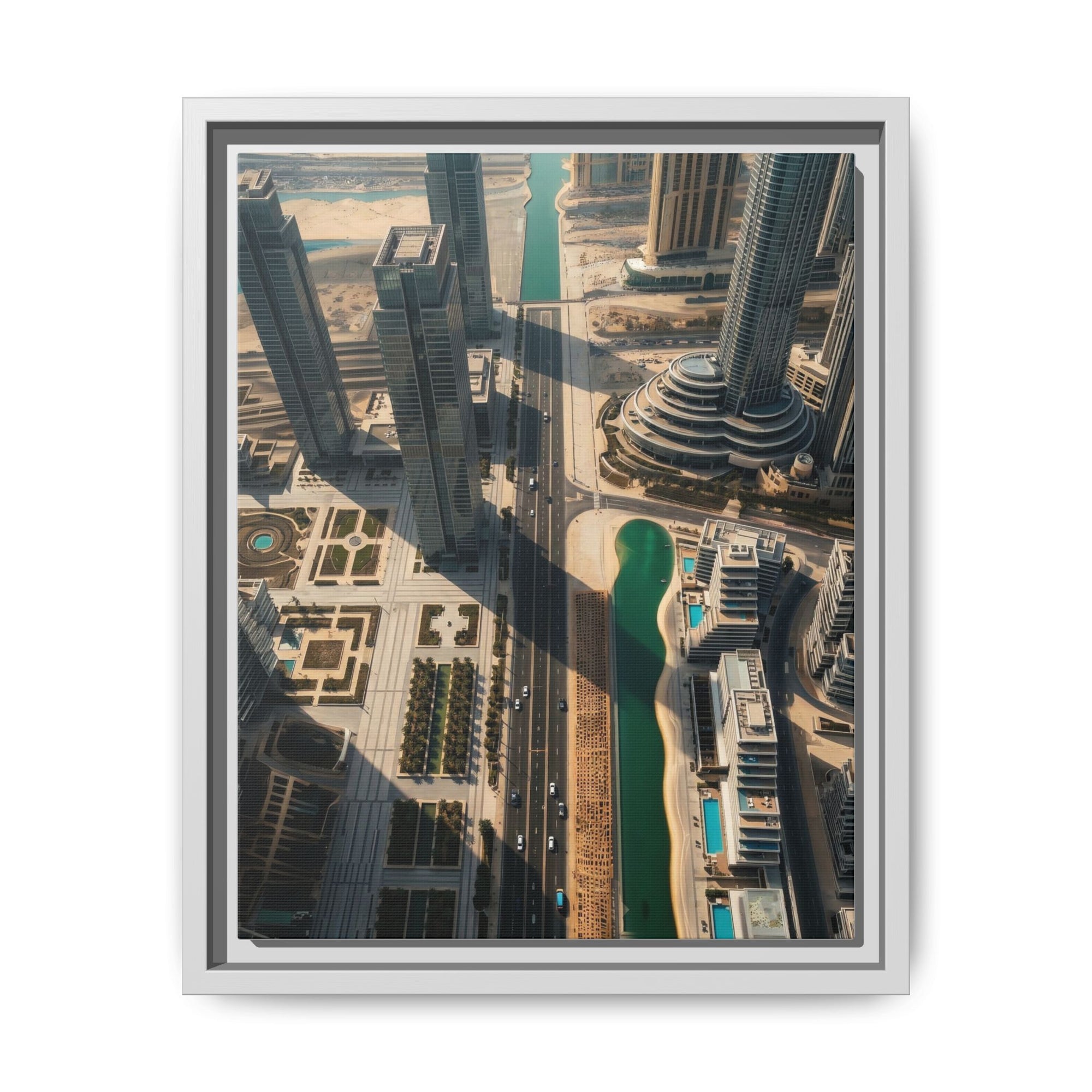 Framed Aerial View of Dubai – High-Resolution Cityscape Wall Art