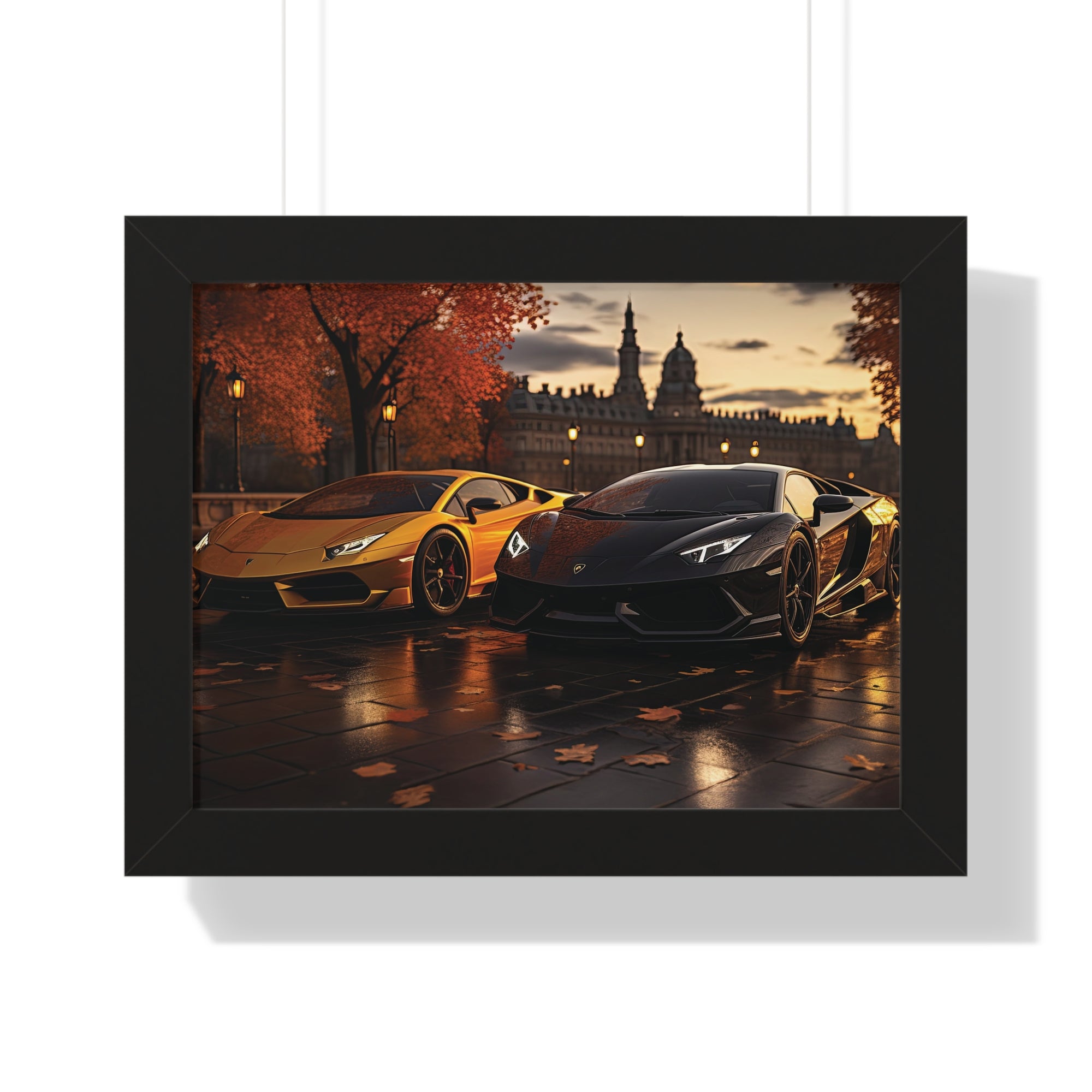 Gold Lamborghini Huracán and a Black Lamborghini Aventador – Premium Framed Print