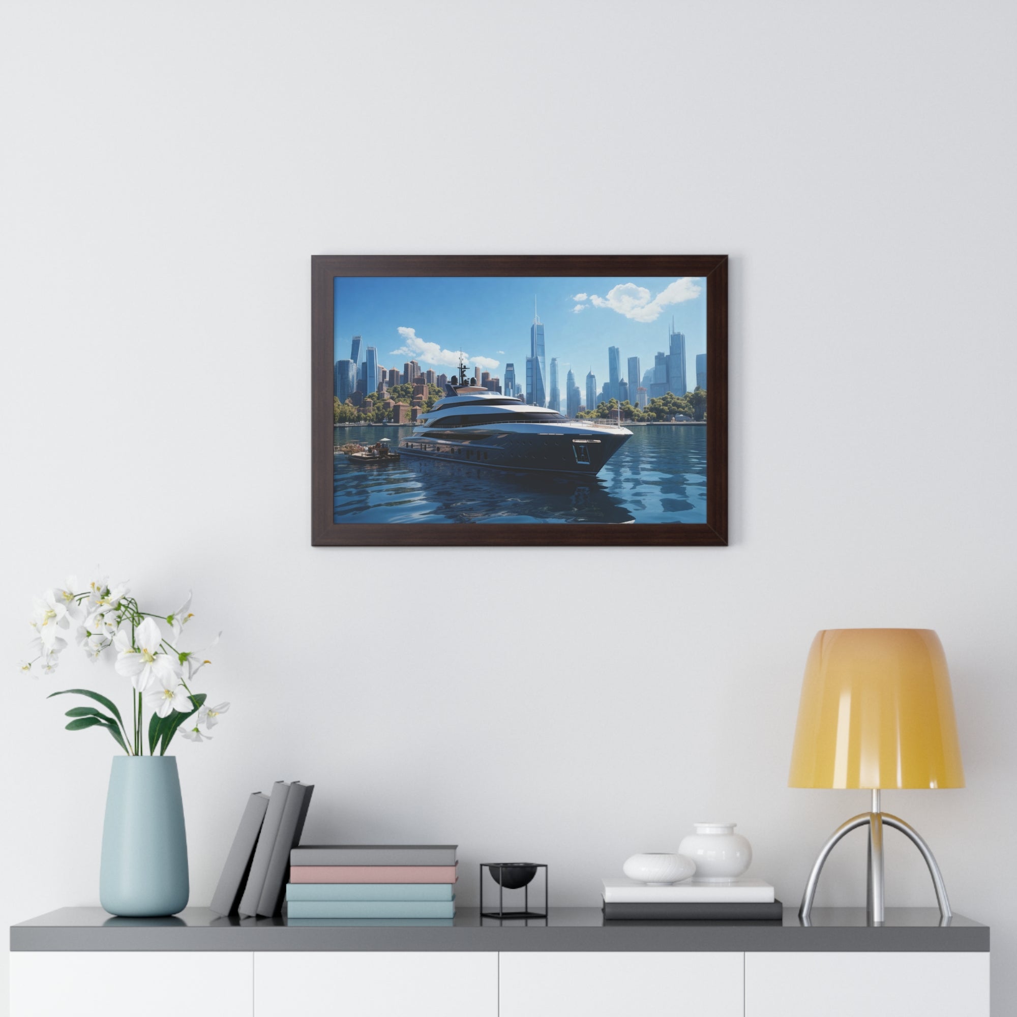 Luxury Waterfront Serenity – Framed Yacht & Skyline Wall Decor