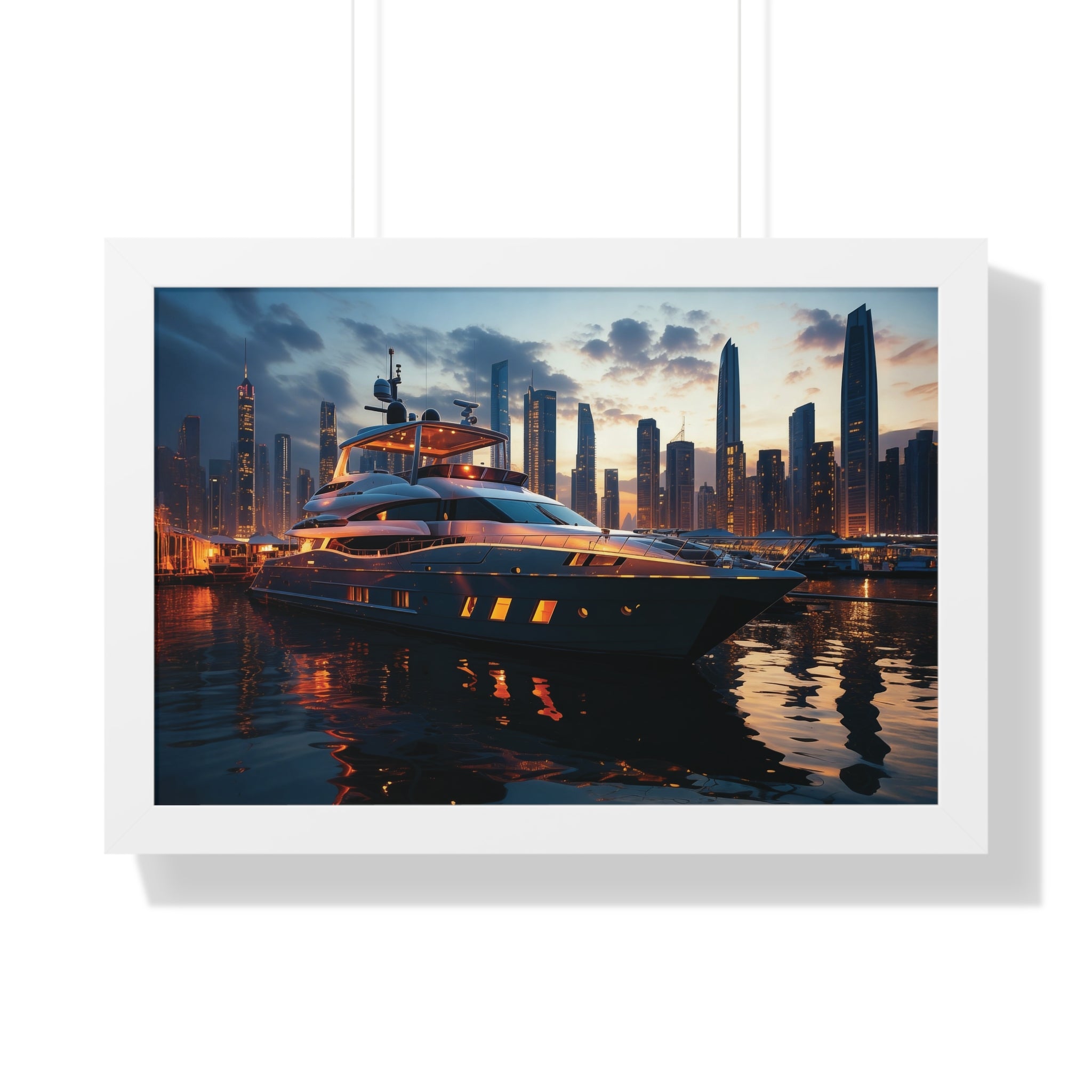 Framed Luxury Yacht at Sunset – Unique Marina Cityscape Wall Art