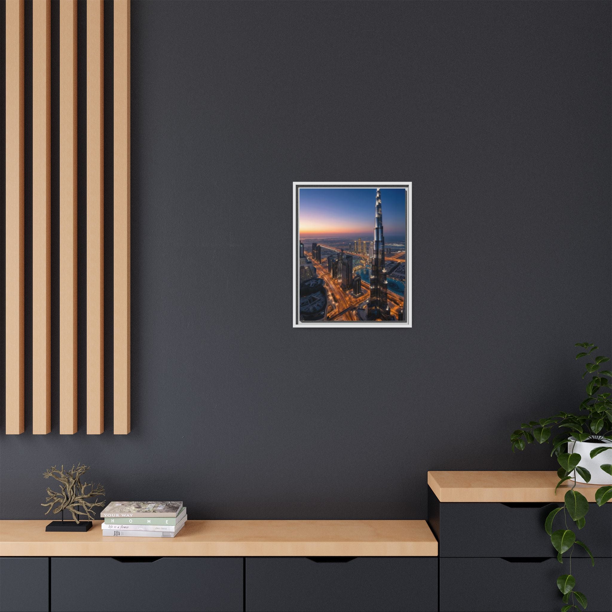 Framed Dubai Skyline at Dusk – Stunning Cityscape Wall Art