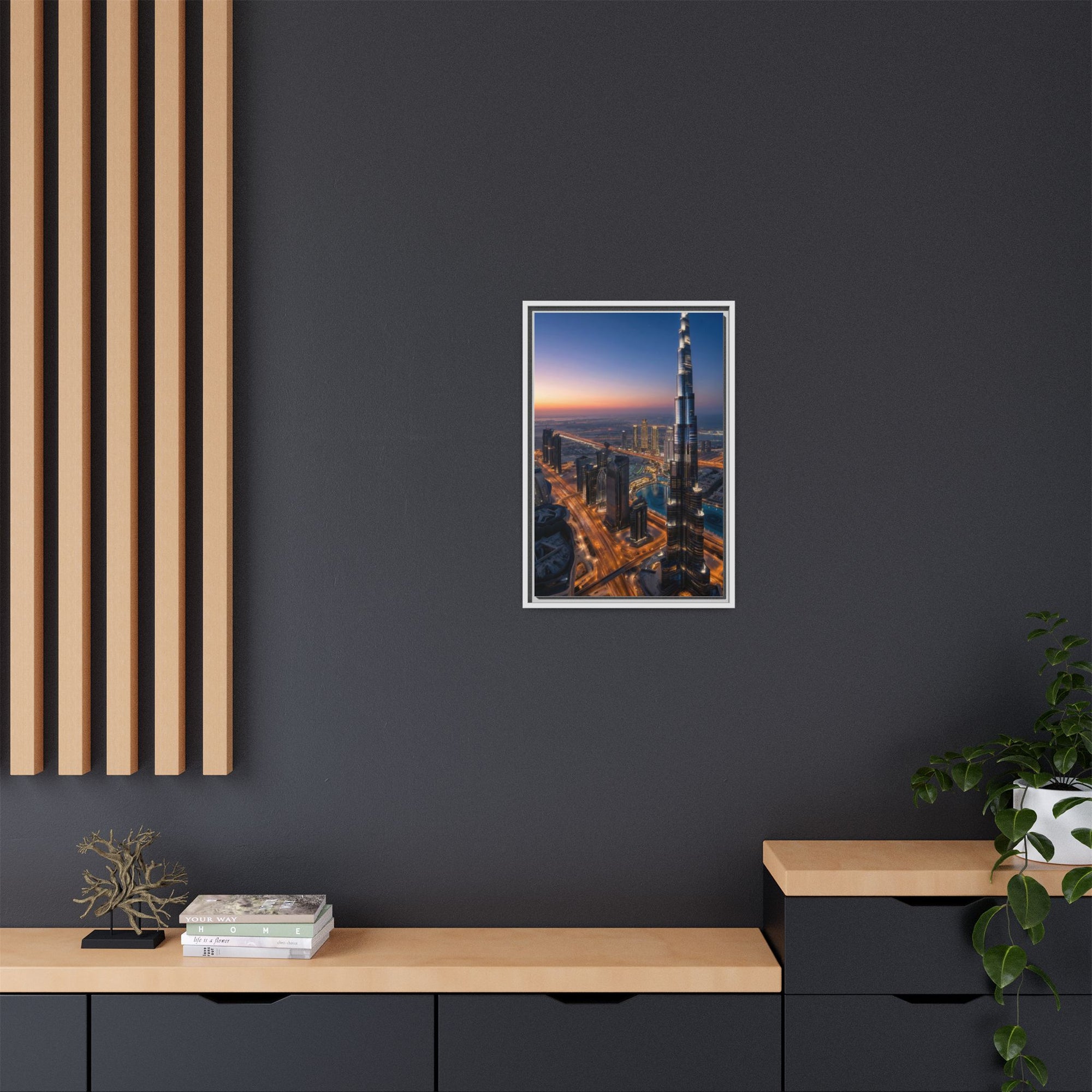 Framed Dubai Skyline at Dusk – Stunning Cityscape Wall Art