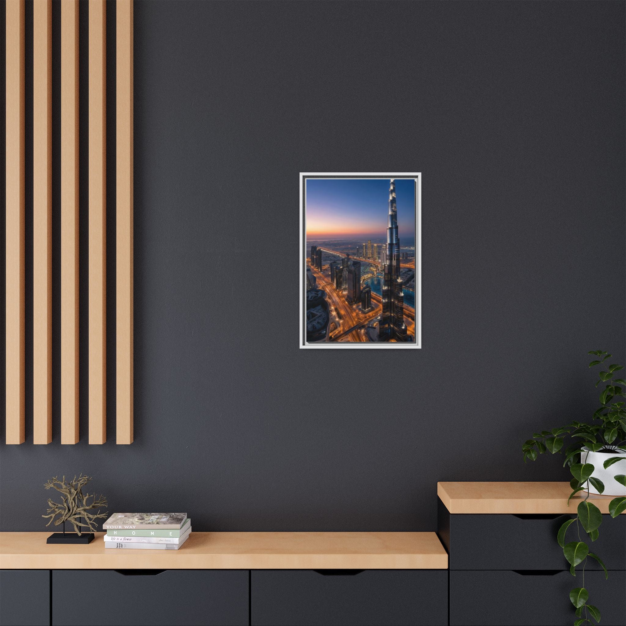 Framed Dubai Skyline at Dusk – Stunning Cityscape Wall Art