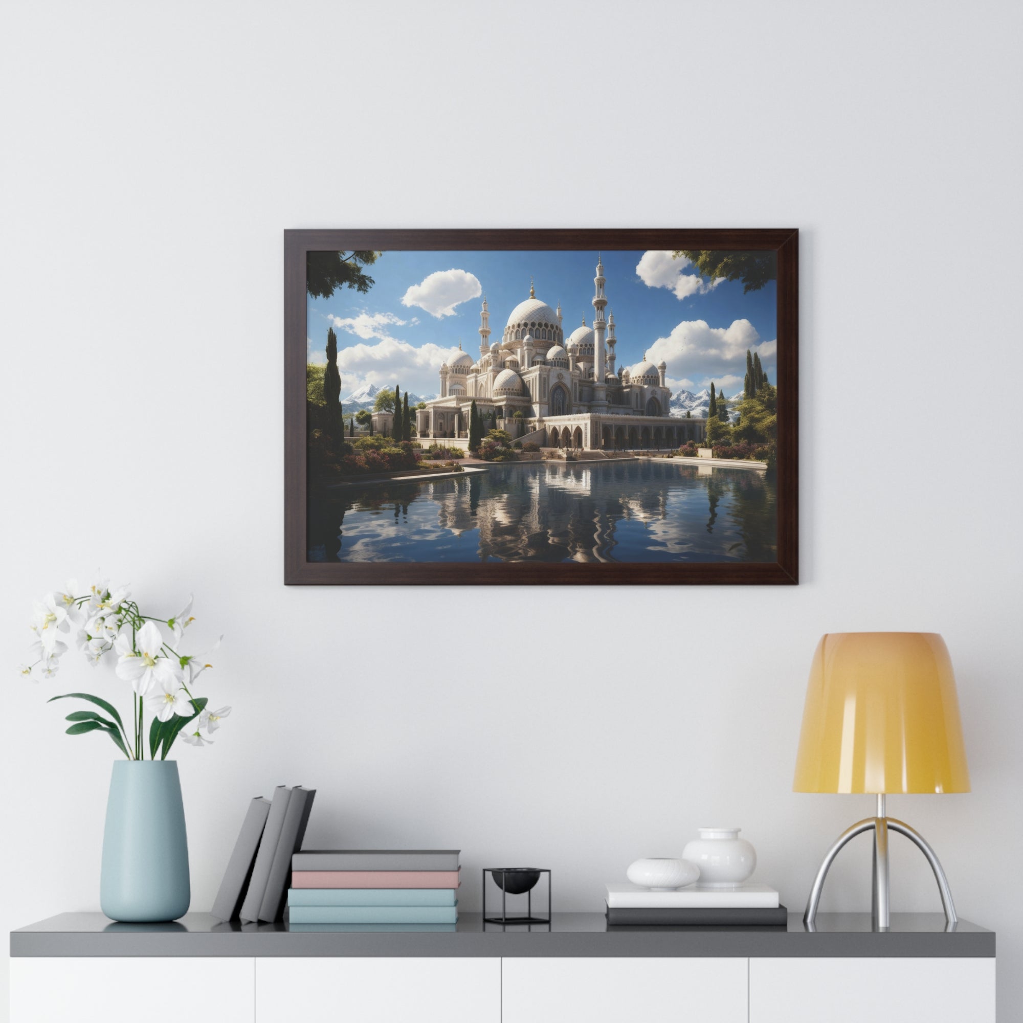 Reflections of Faith – Framed Islamic Mosque Wall Art with Scenic Lake & Mountain Backdrop
