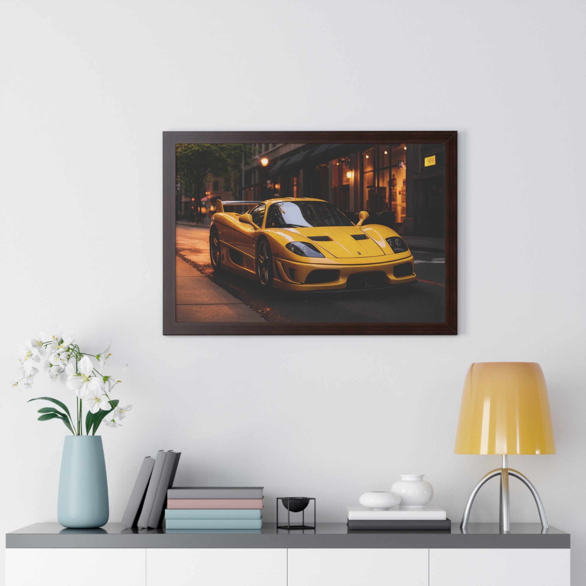 Framed Supercar Poster – Yellow Ferrari F50 in Manhattan
