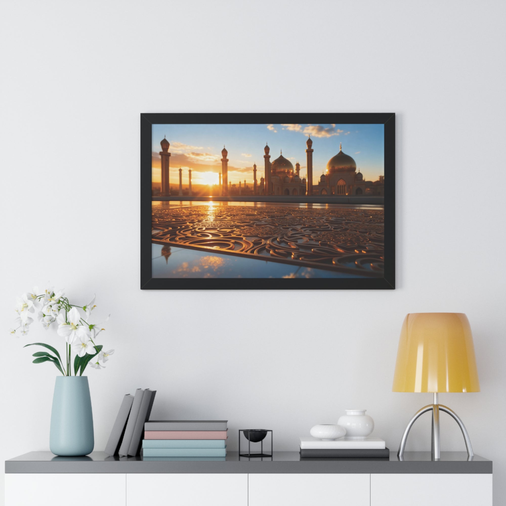 Golden Serenity Sunset Mosque Wall Art – Islamic Architecture Print
