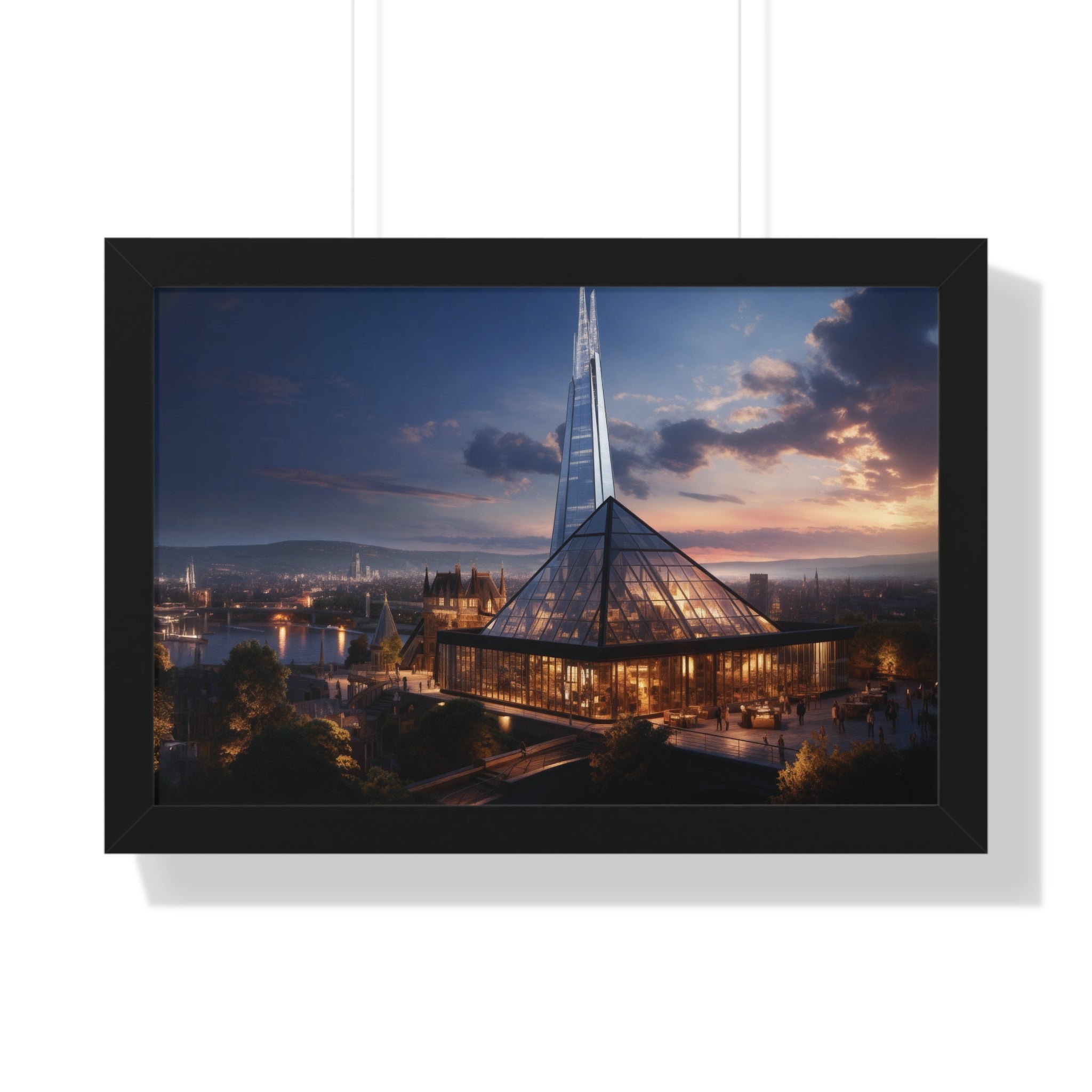 Futuristic Twilight: Glass Spire & Pyramid Skyline – Illuminated Architecture Wall Art