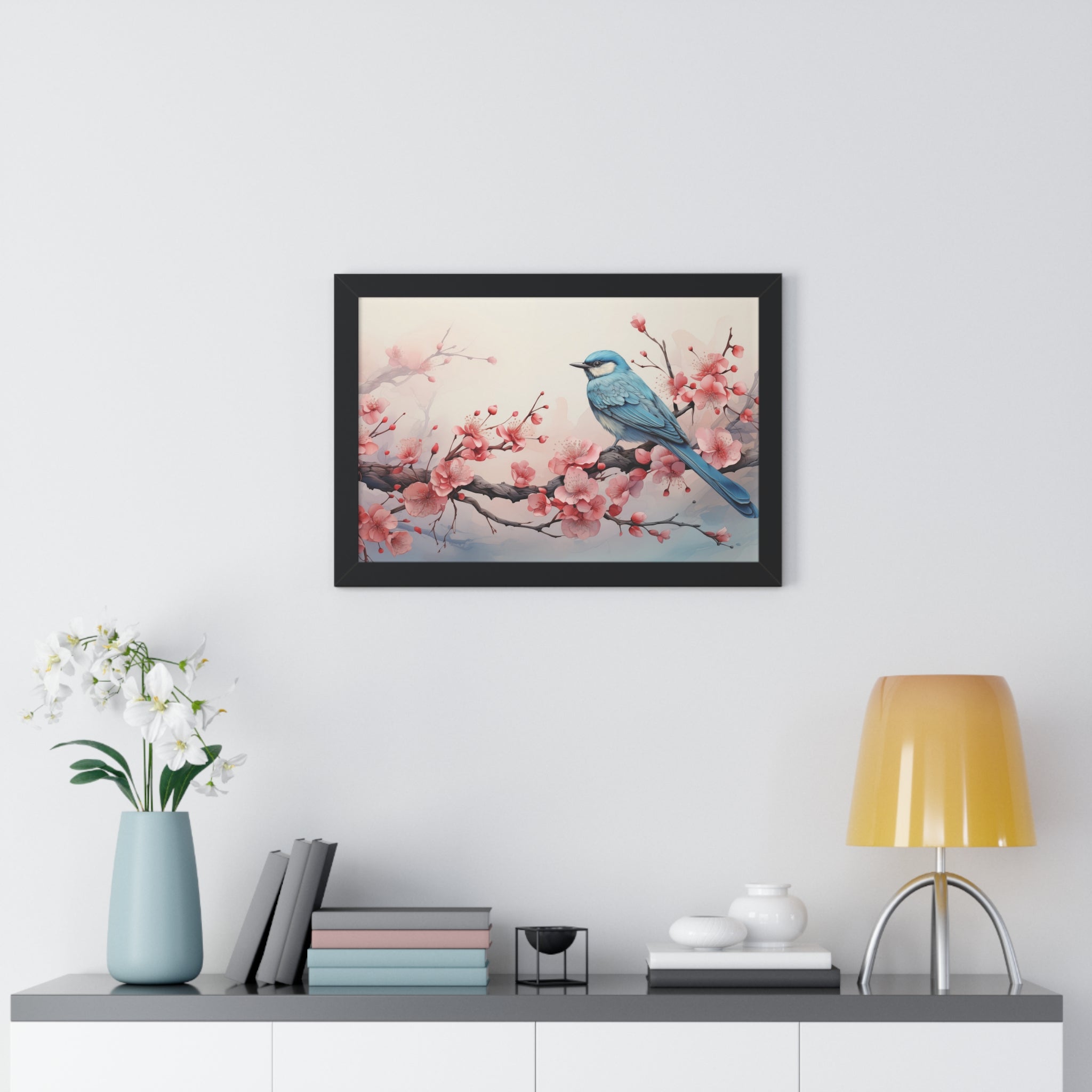 Blue Jay in Bloom  Botanical Wall Art with Cherry Blossoms