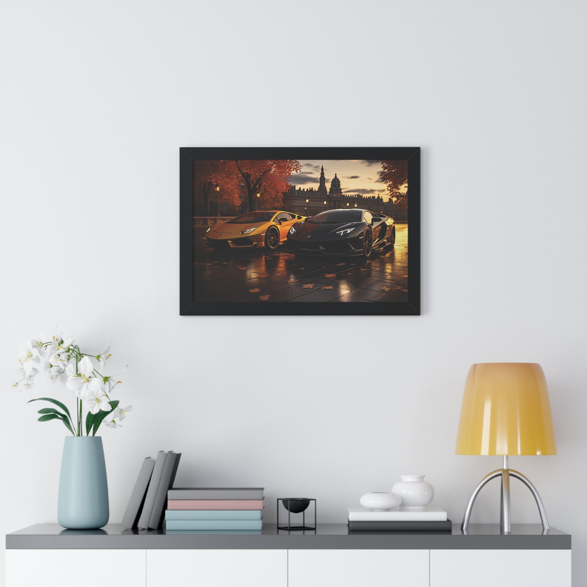 Gold Lamborghini Huracán and a Black Lamborghini Aventador – Premium Framed Print