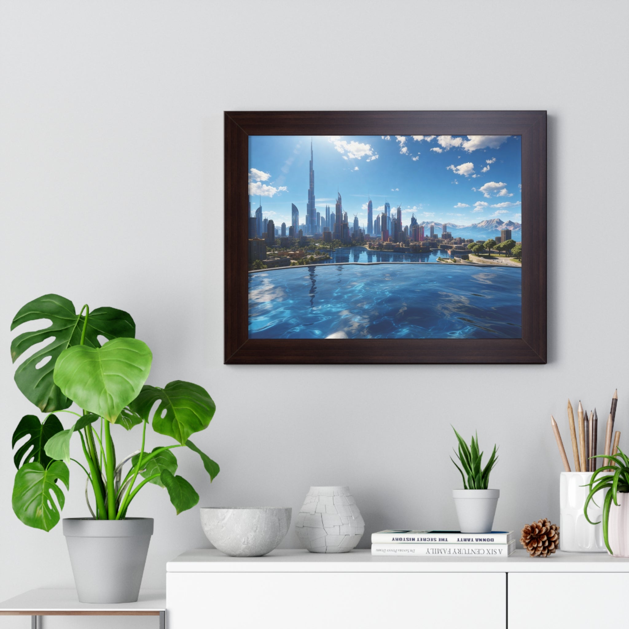 Infinity Pool Skyline View – Framed Luxury Wall Art with Cityscape and Mountain Backdrop