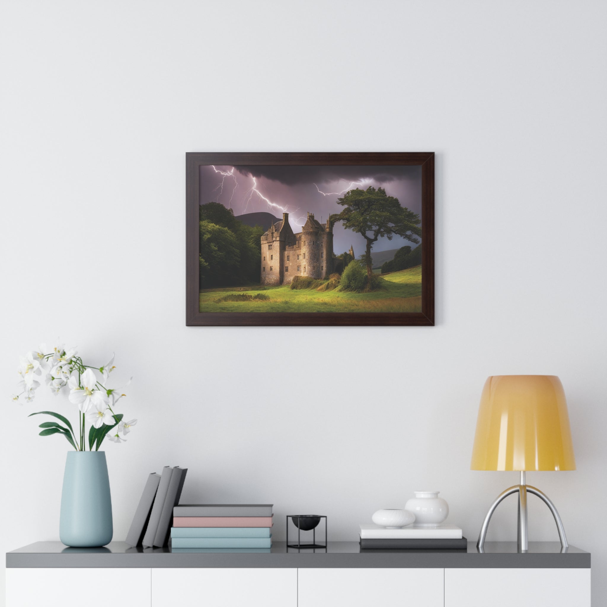 Mystic Castle Lightning Storm Wall Art – Dramatic Gothic Landscape Print