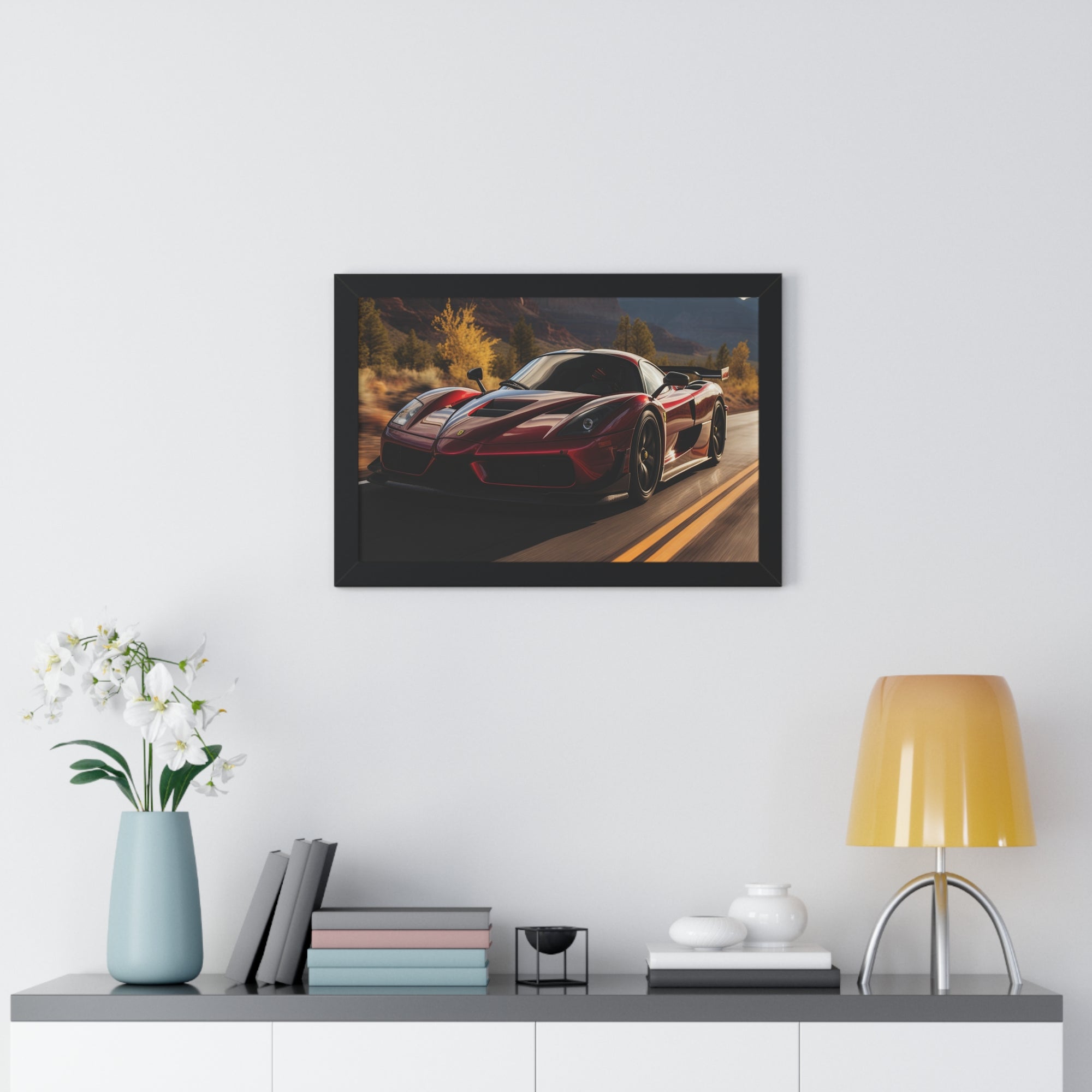 Red Ferrari F50 – Framed Poster in Majestic Mountain Setting