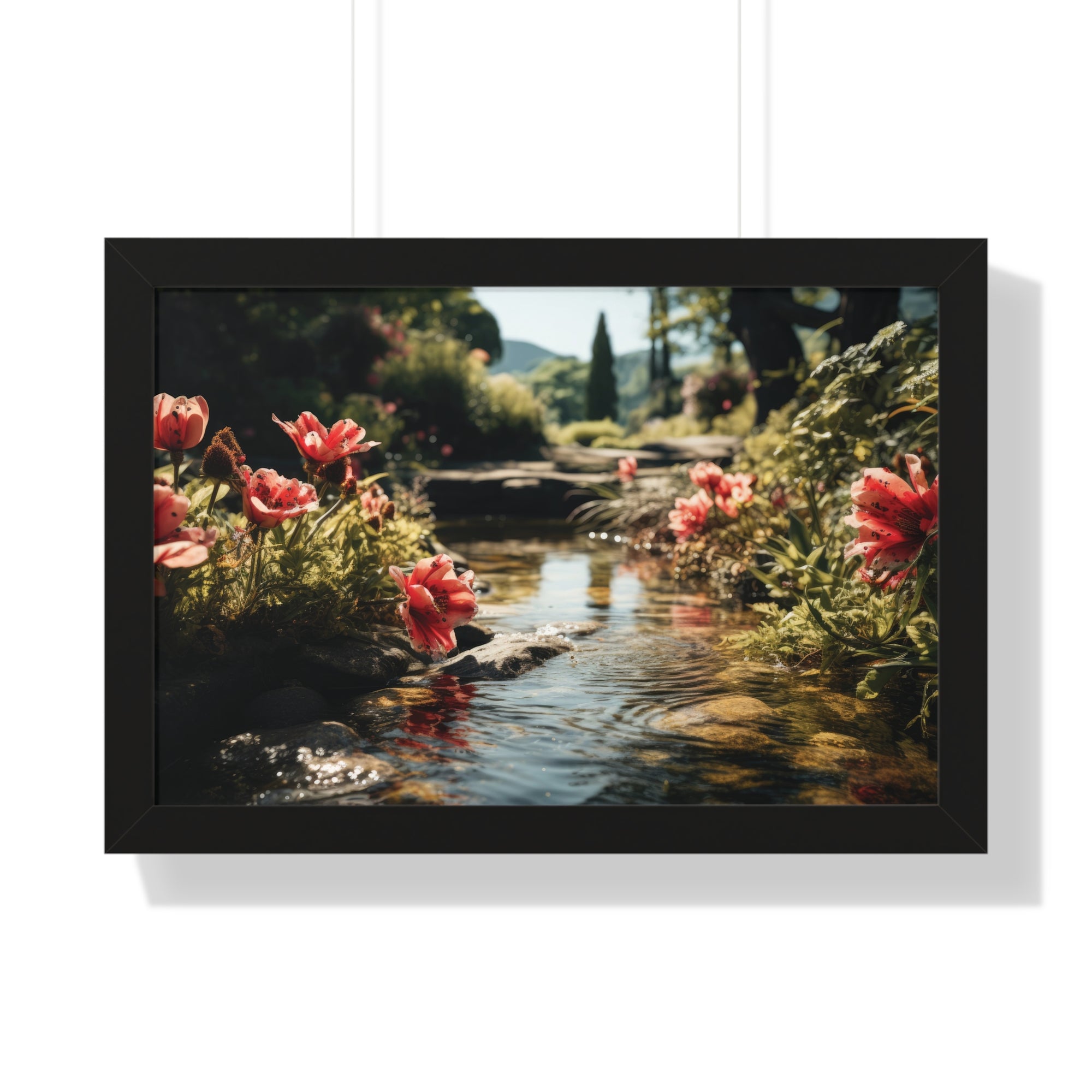 Tranquil Garden Stream with Scarlet Blooms