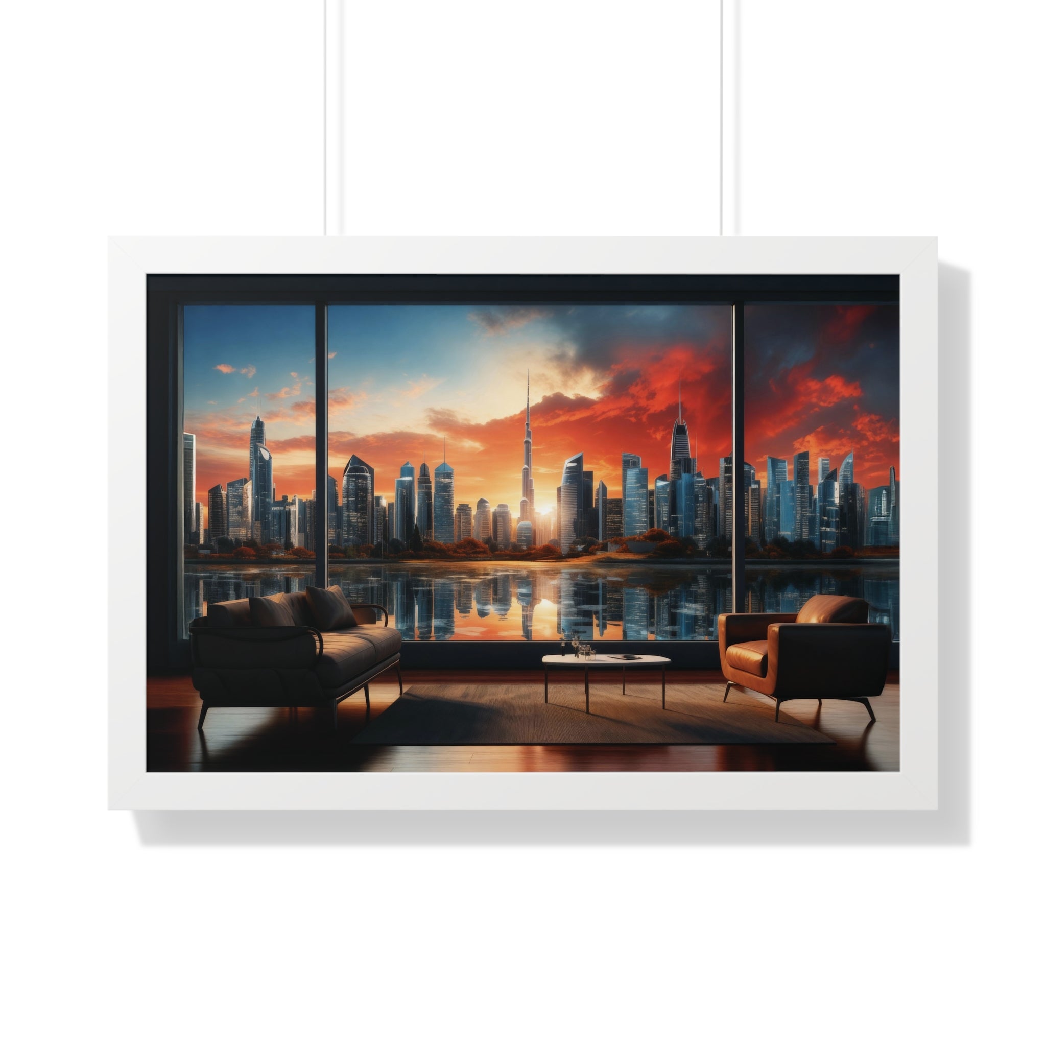 Framed Luxury City View – Modern Living Room Wall Art with Skyline Sunset Reflection