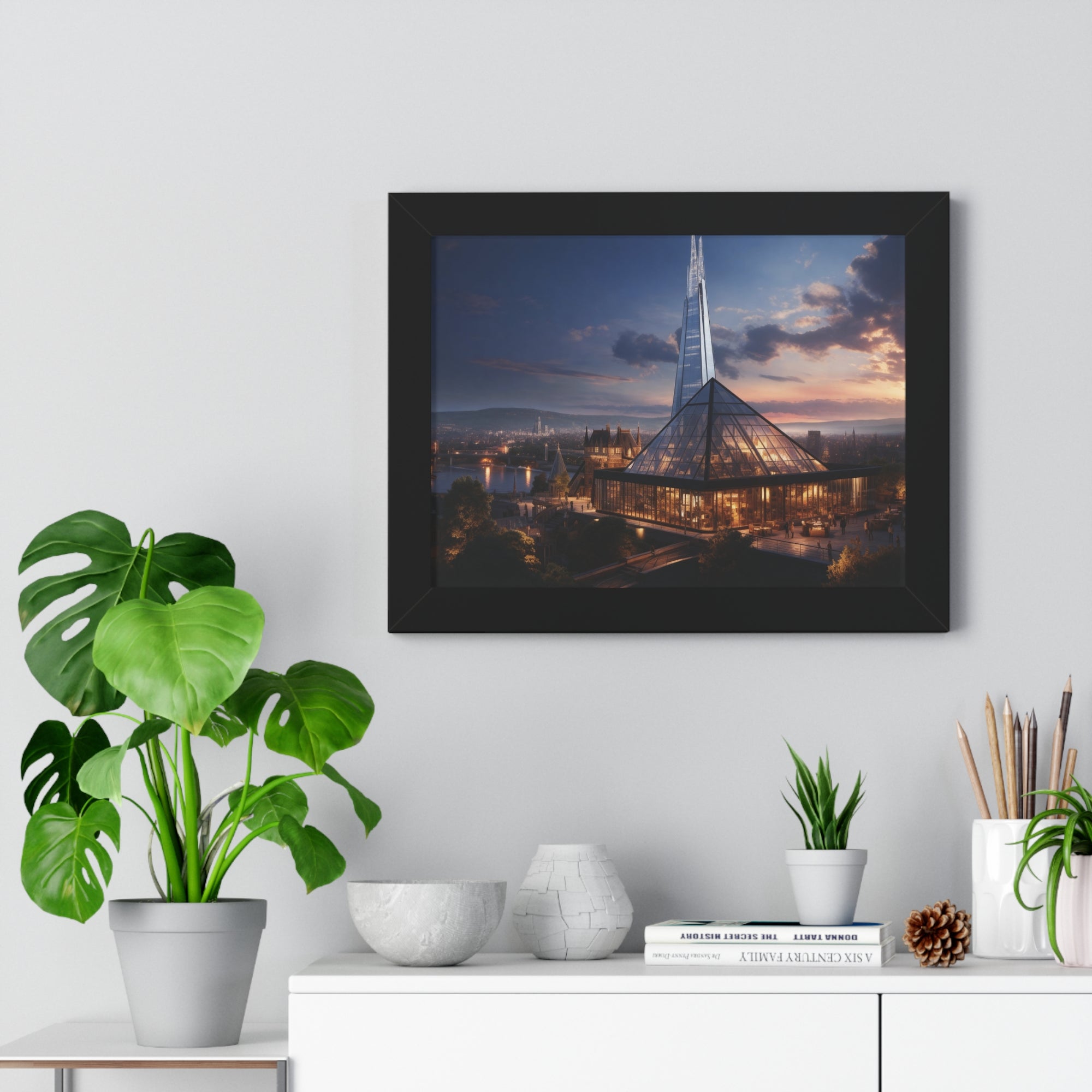 Futuristic Twilight: Glass Spire & Pyramid Skyline – Illuminated Architecture Wall Art
