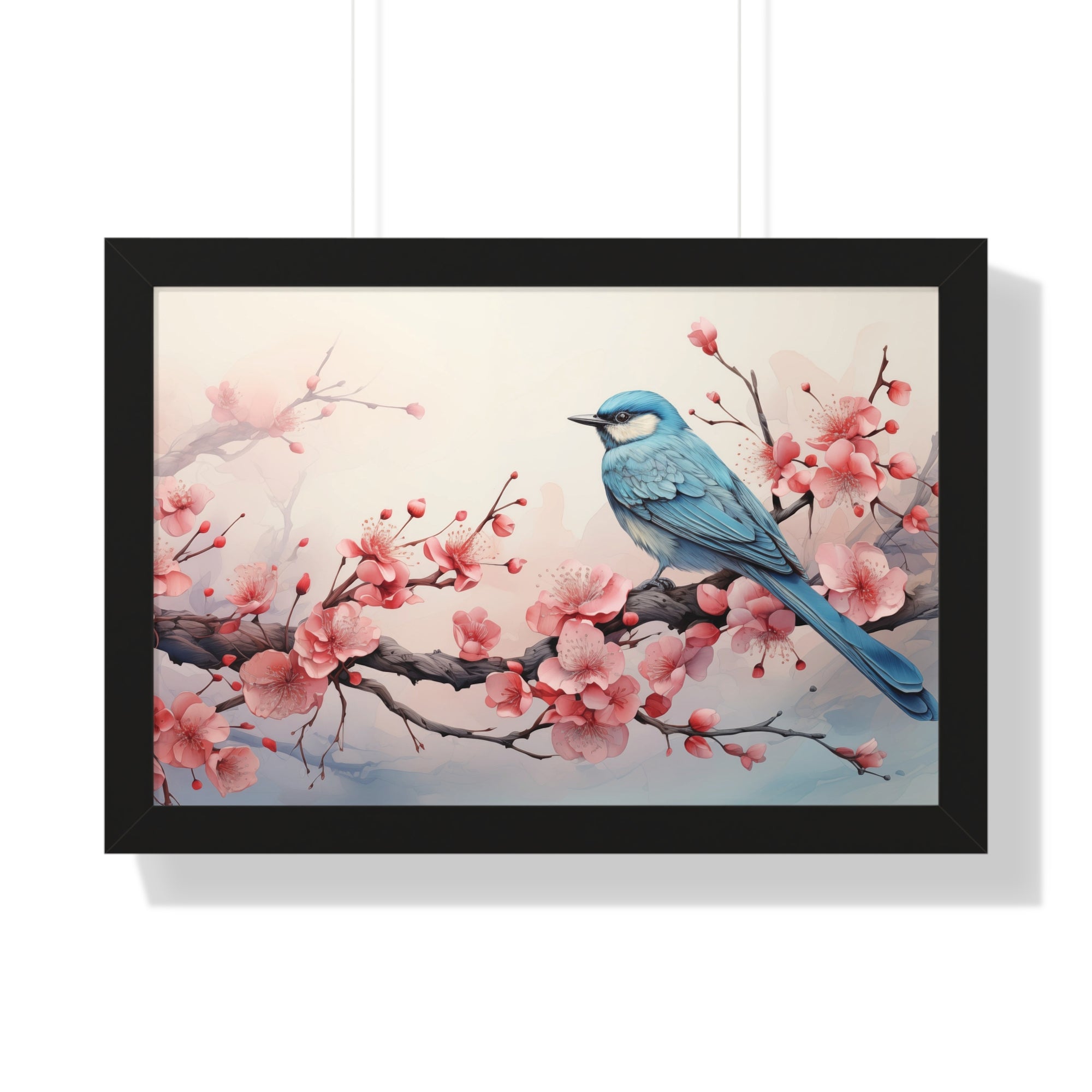 Blue Jay in Bloom  Botanical Wall Art with Cherry Blossoms