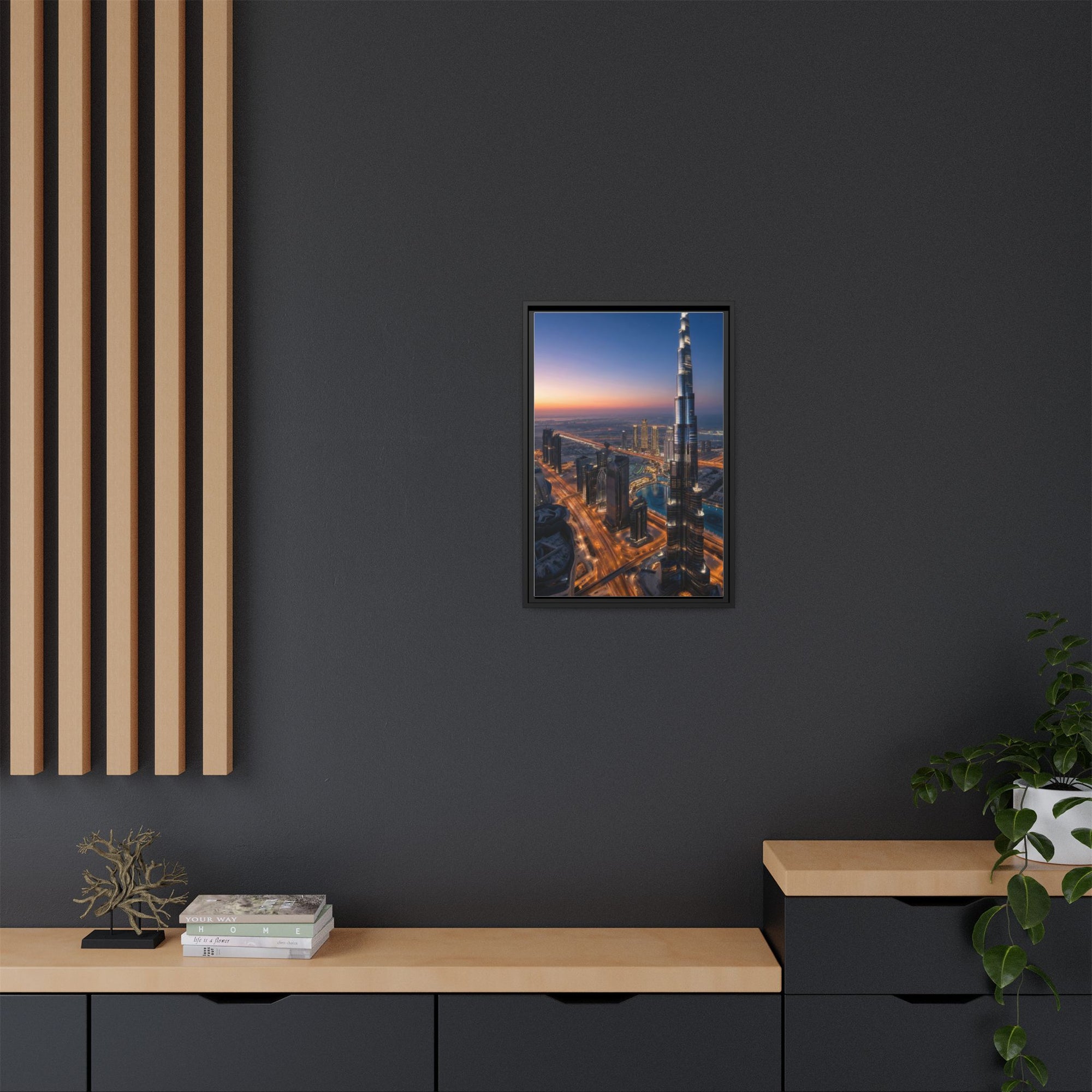 Framed Dubai Skyline at Dusk – Stunning Cityscape Wall Art