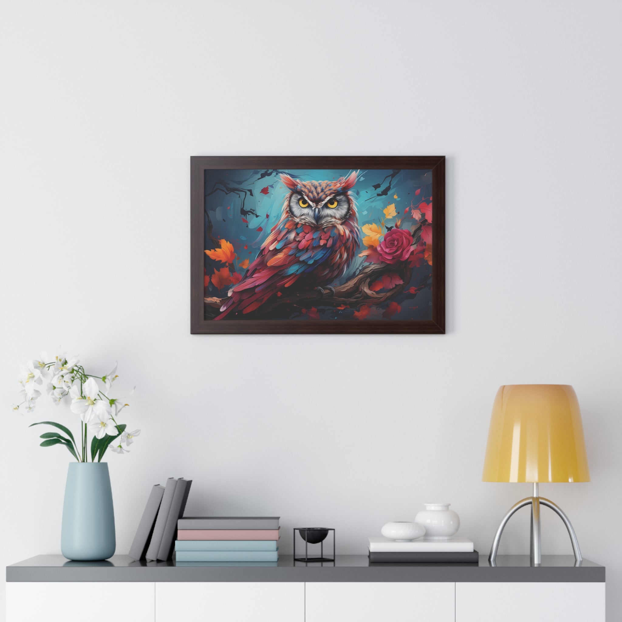 Crimson Perch —🌹Vibrant Owl Wall Art with Autumn Bloom