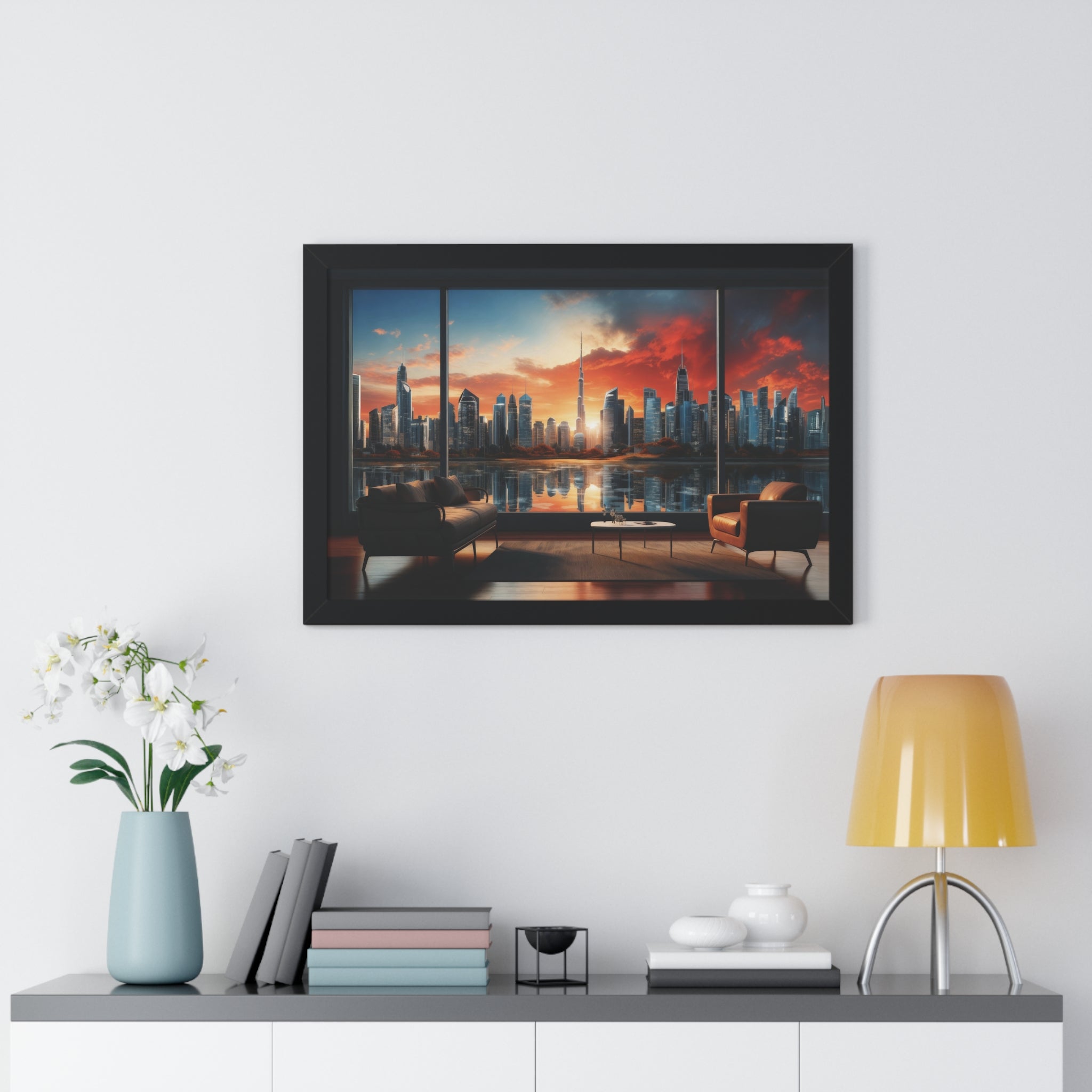 Framed Luxury City View – Modern Living Room Wall Art with Skyline Sunset Reflection
