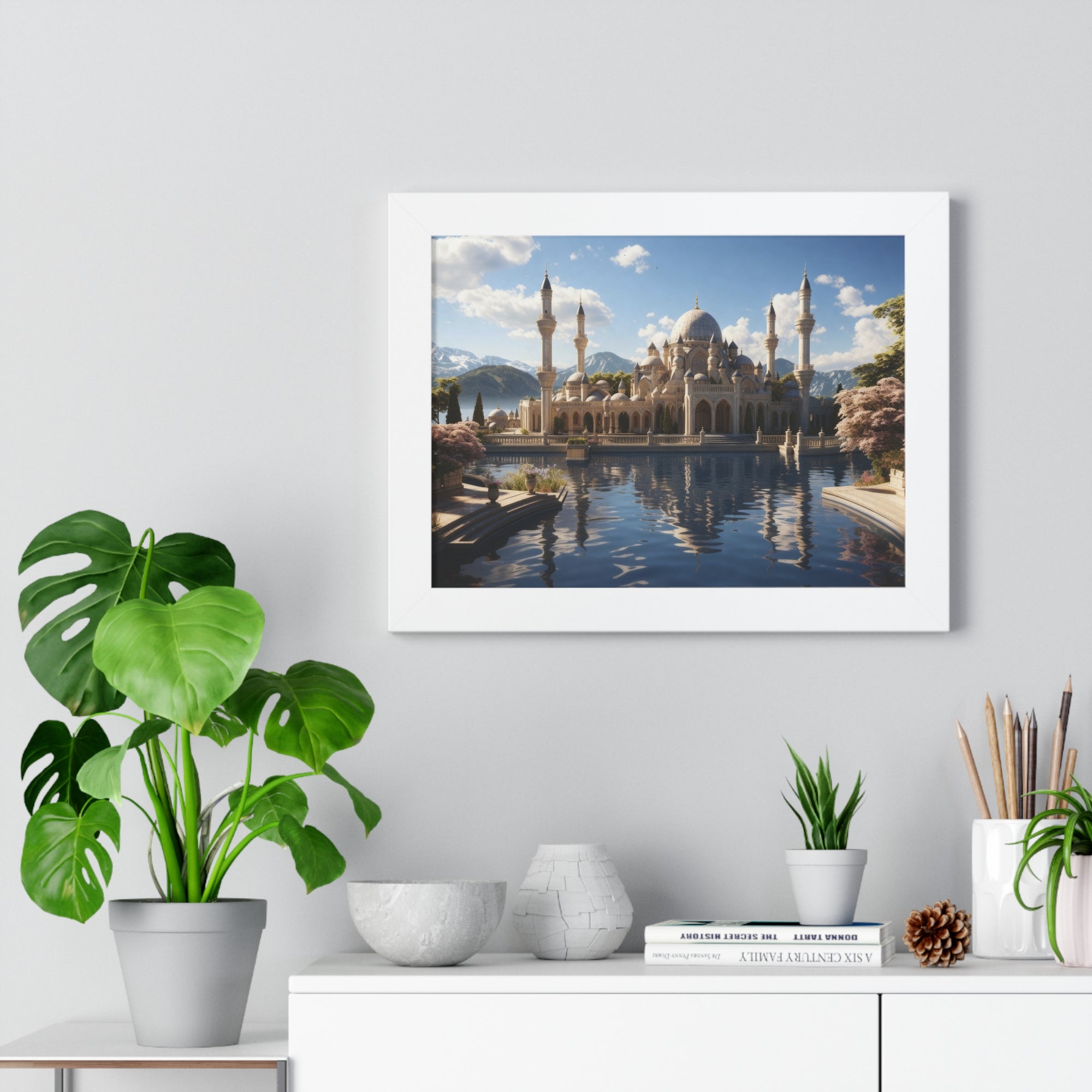 Mirrored Tranquility – Framed Mosque by the Lake Wall Art