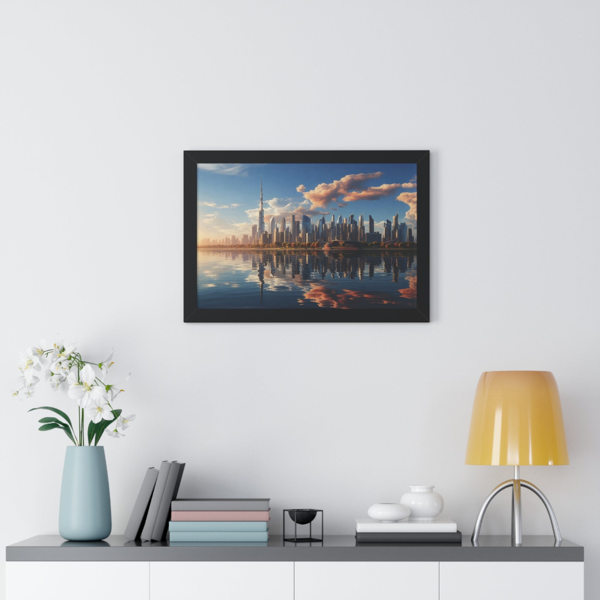 Framed Dubai Sunset Cityscape – Luxury Wall Art with Burj Khalifa for Elegant Interiors