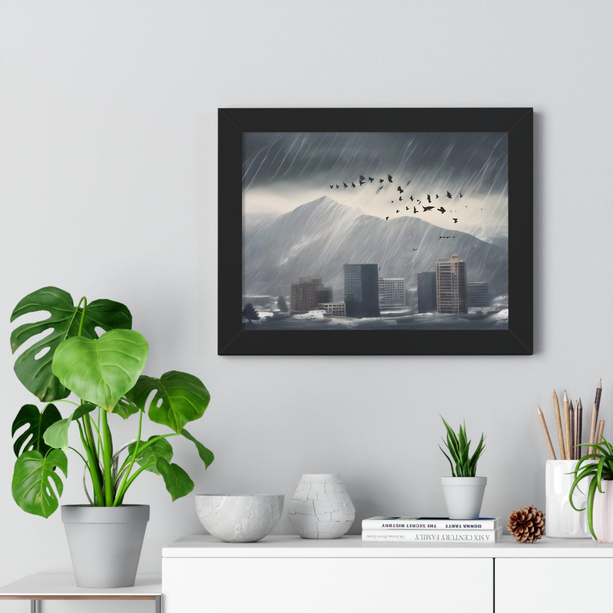 Urban Downpour with Birds in Flight – Futuristic Wall Print