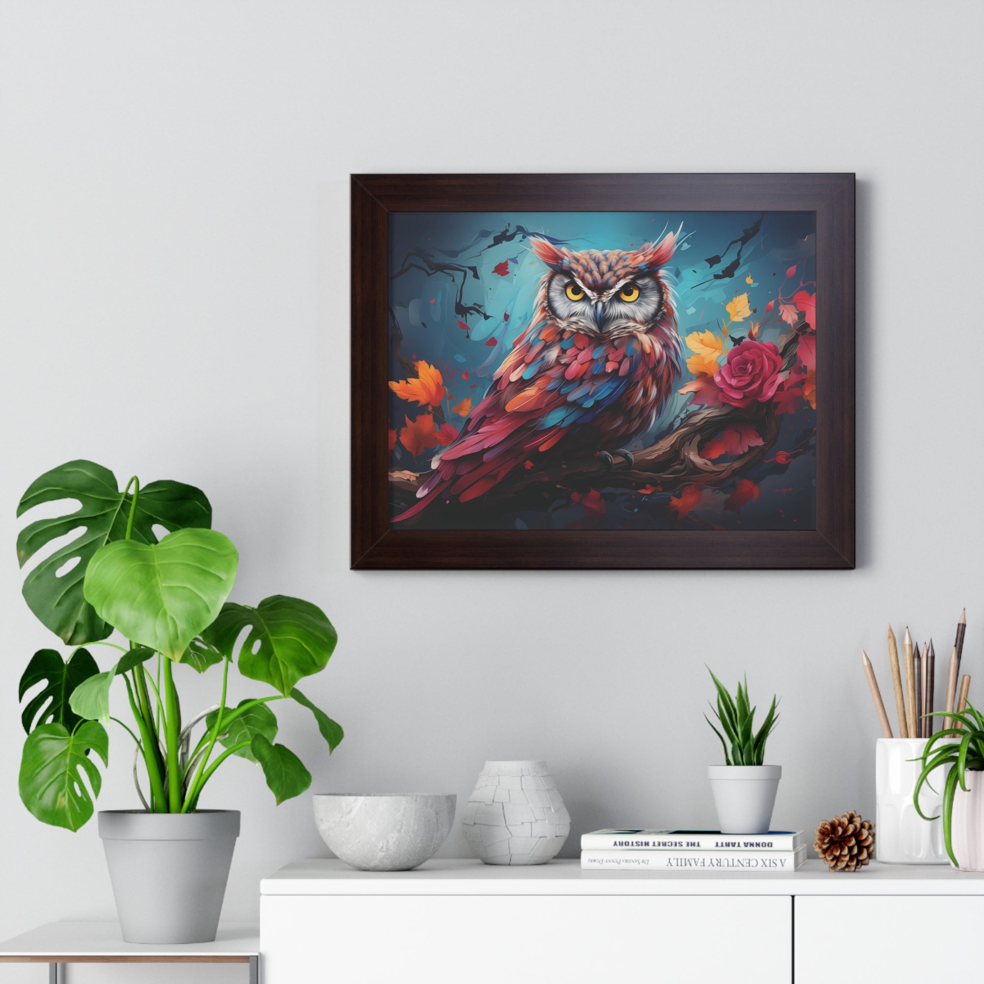 Crimson Perch —🌹Vibrant Owl Wall Art with Autumn Bloom