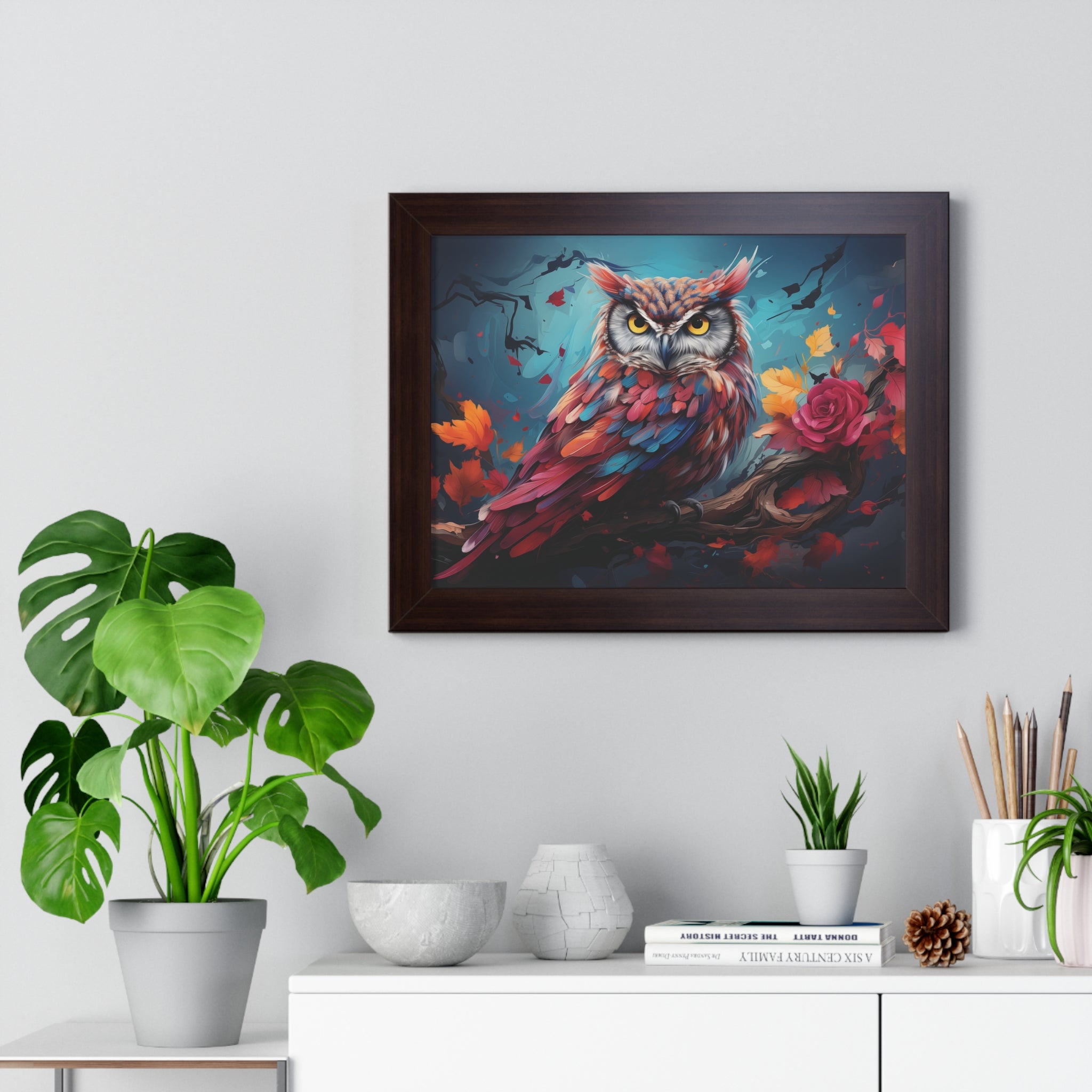 Crimson Perch —🌹Vibrant Owl Wall Art with Autumn Bloom