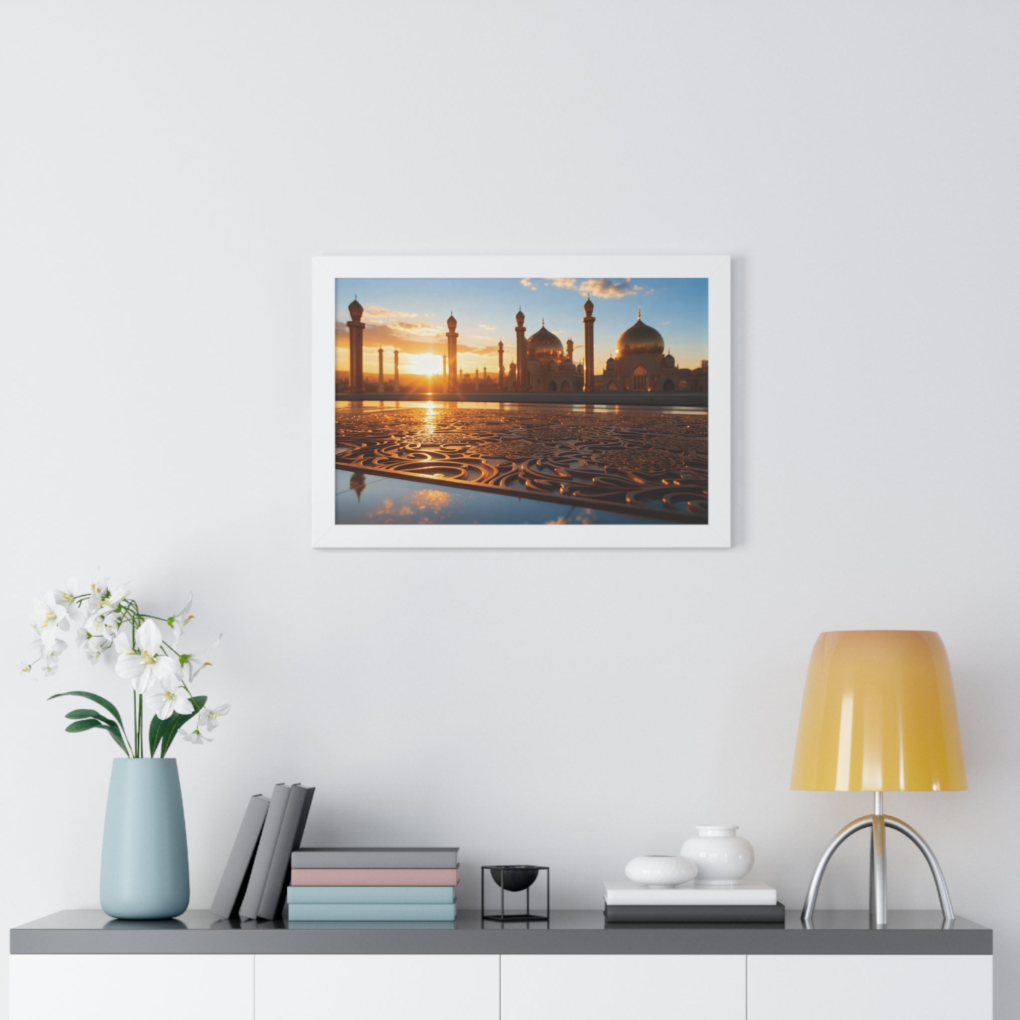 Golden Serenity Sunset Mosque Wall Art – Islamic Architecture Print