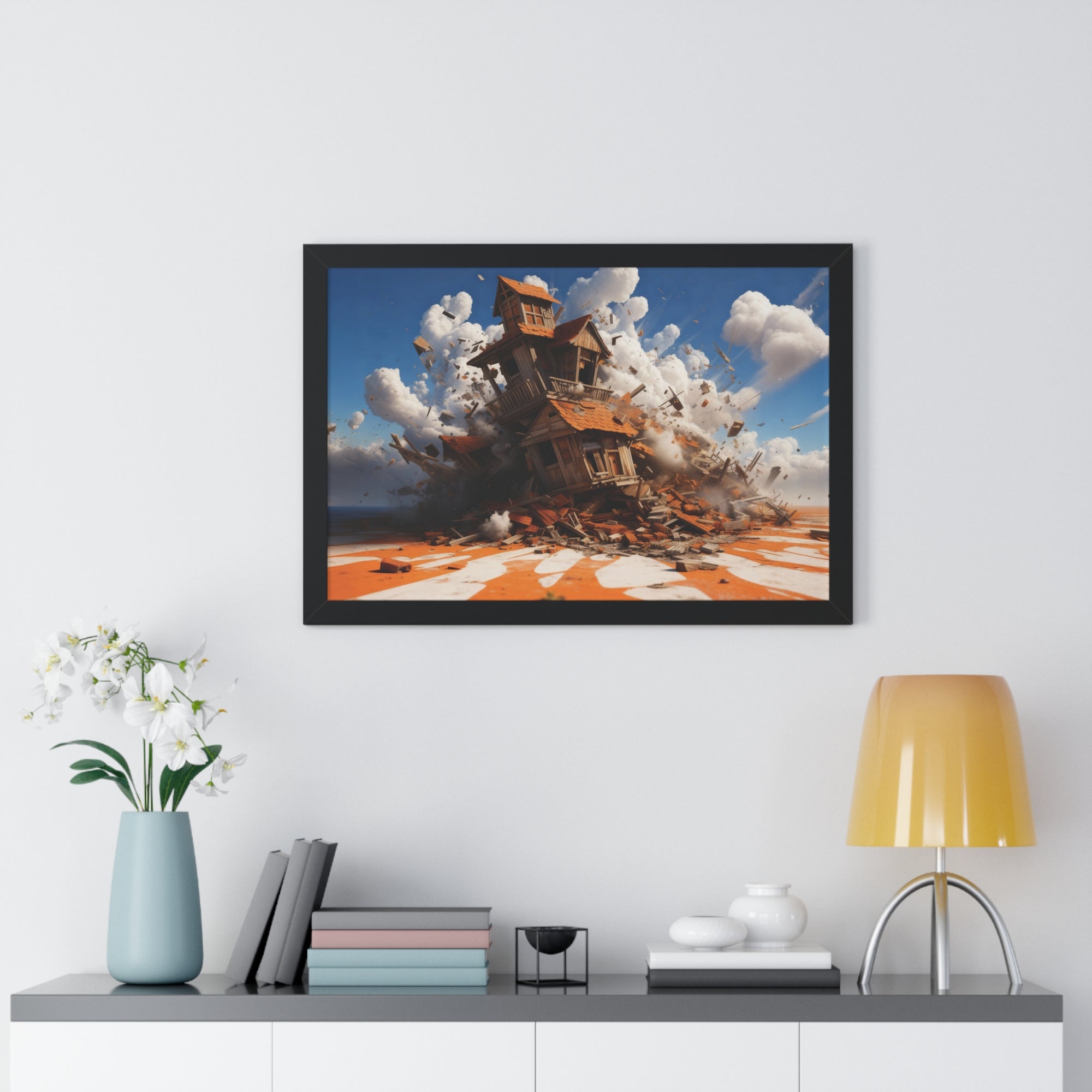Shattered Ascent – Explosive Surreal House Wall Art