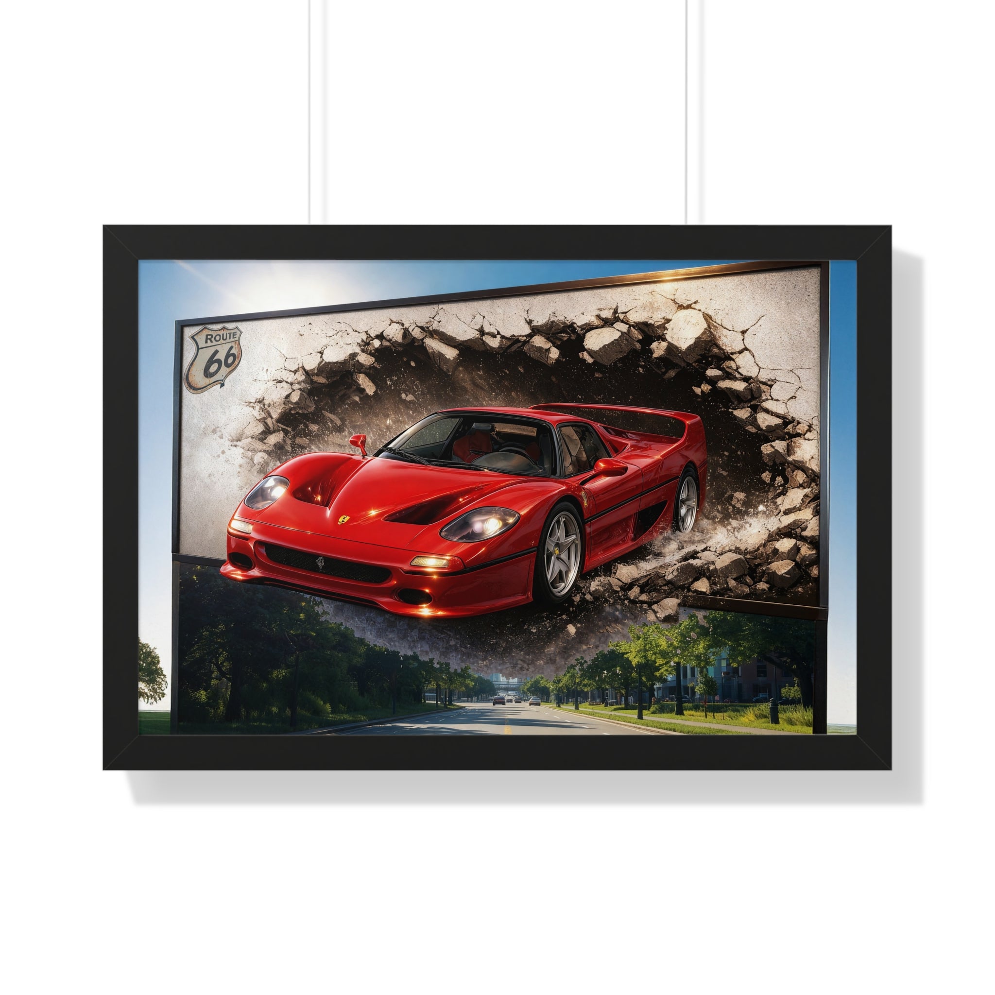 Ferrari F50 Breaking Through Wall – 4K Supercar Canvas