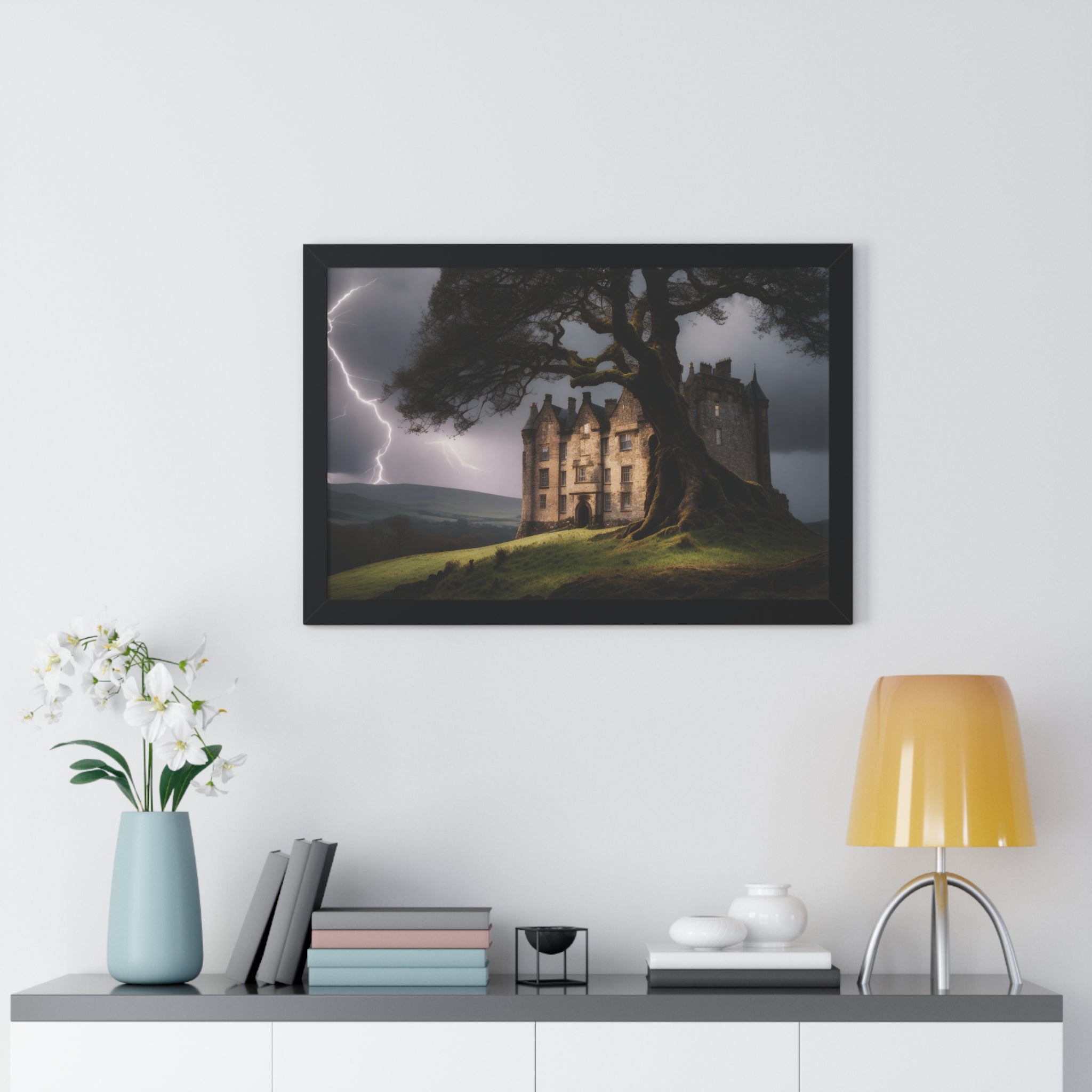 Haunted Scottish Castle Wall Art – Lightning Storm & Ancient Tree Landscape Print