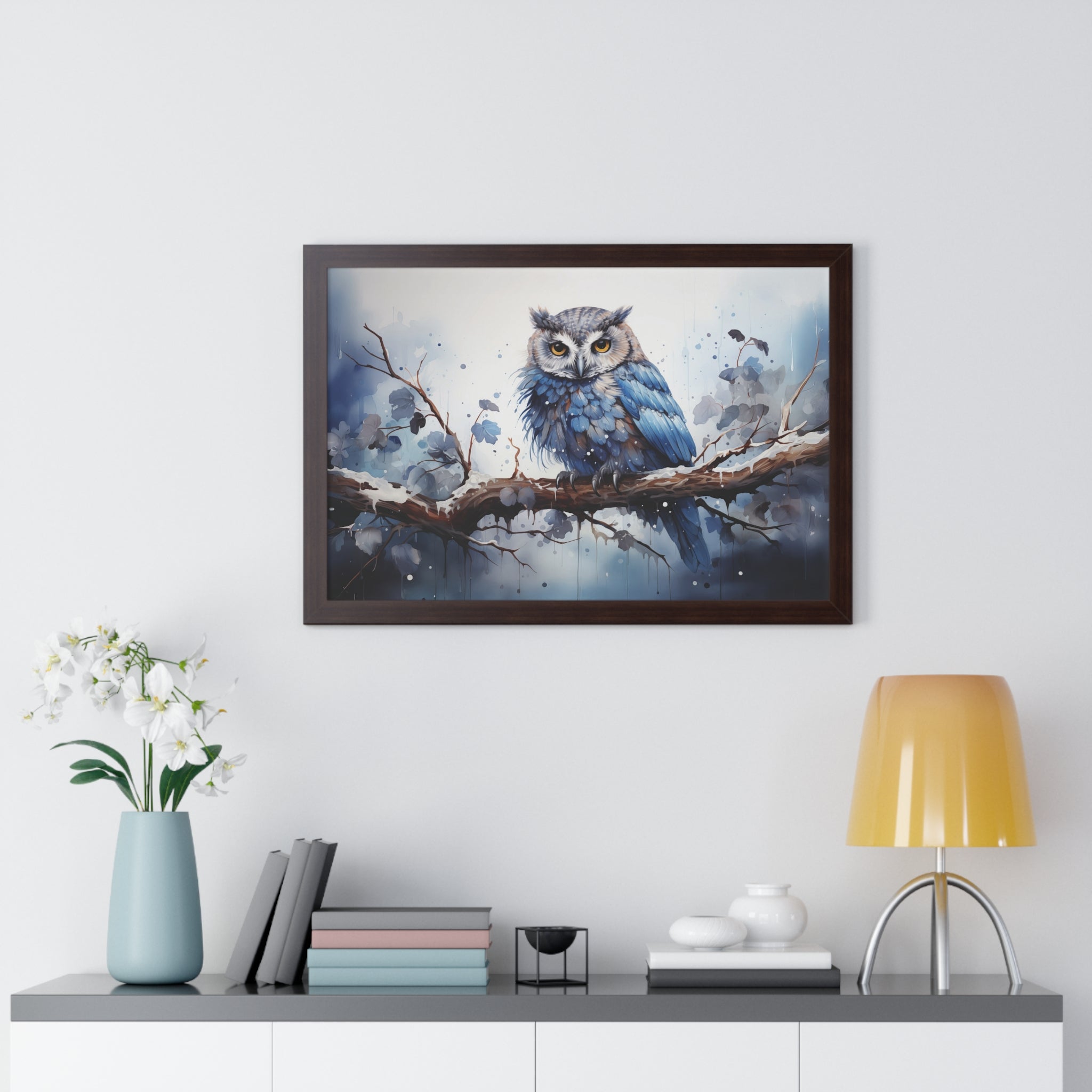 Winter❄️Watcher — Blue Owl Watercolor Print on Snowy Perch