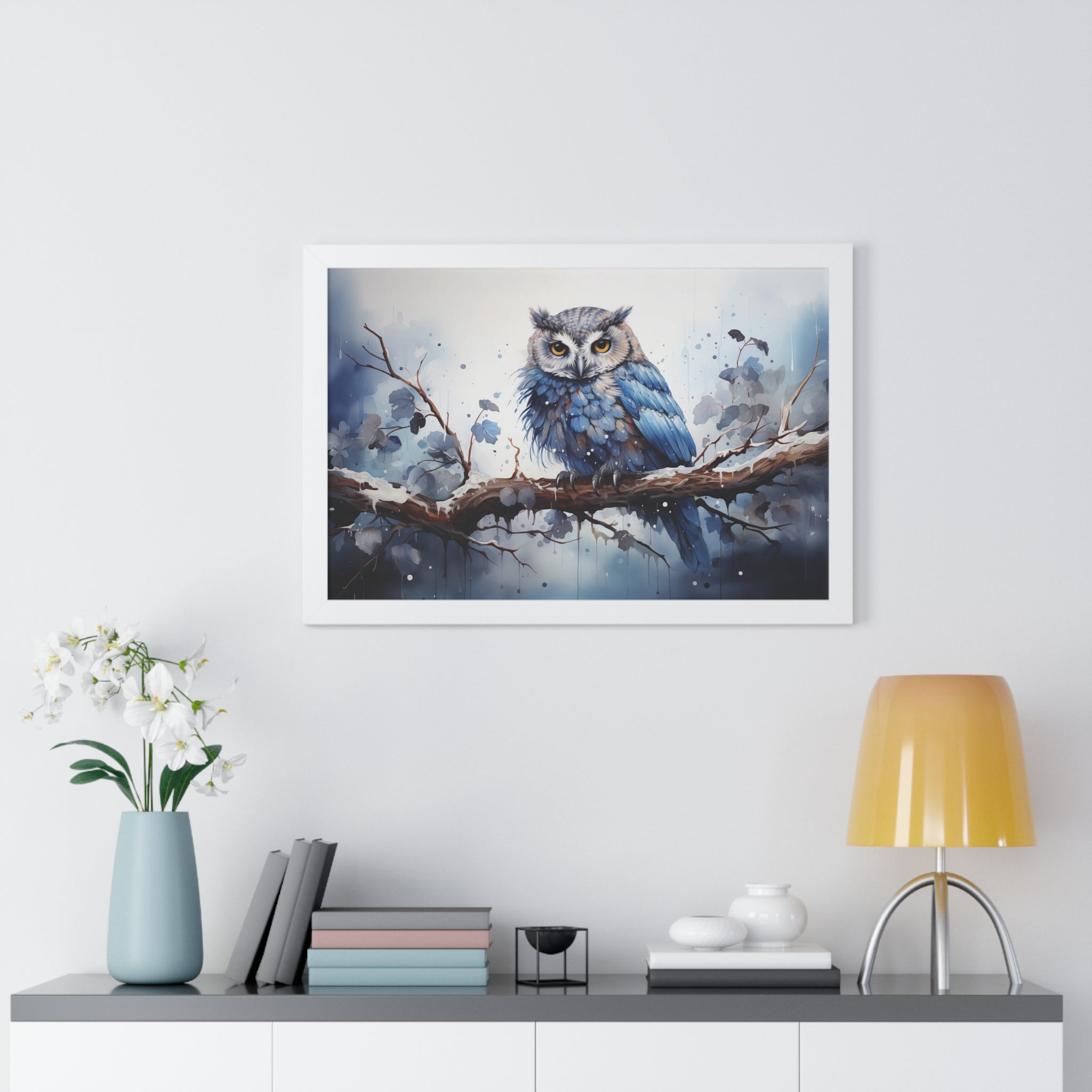 Winter❄️Watcher — Blue Owl Watercolor Print on Snowy Perch