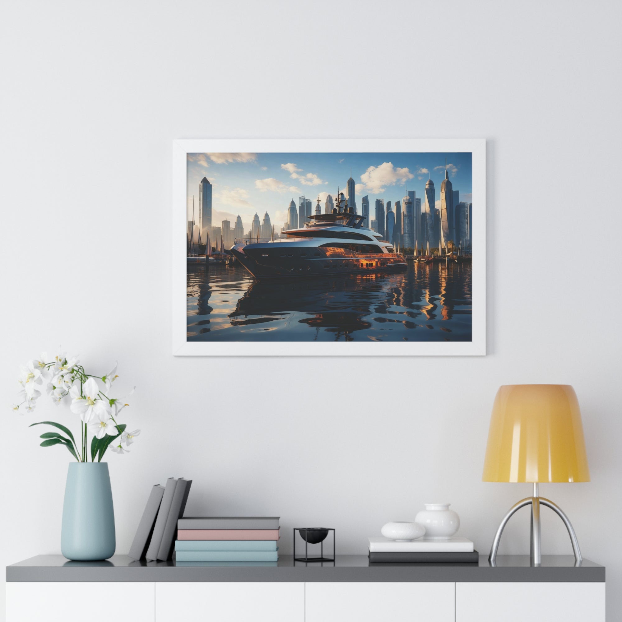 Luxury Yacht Marina at Sunset – Framed Cityscape Wall Art for Modern Interiors