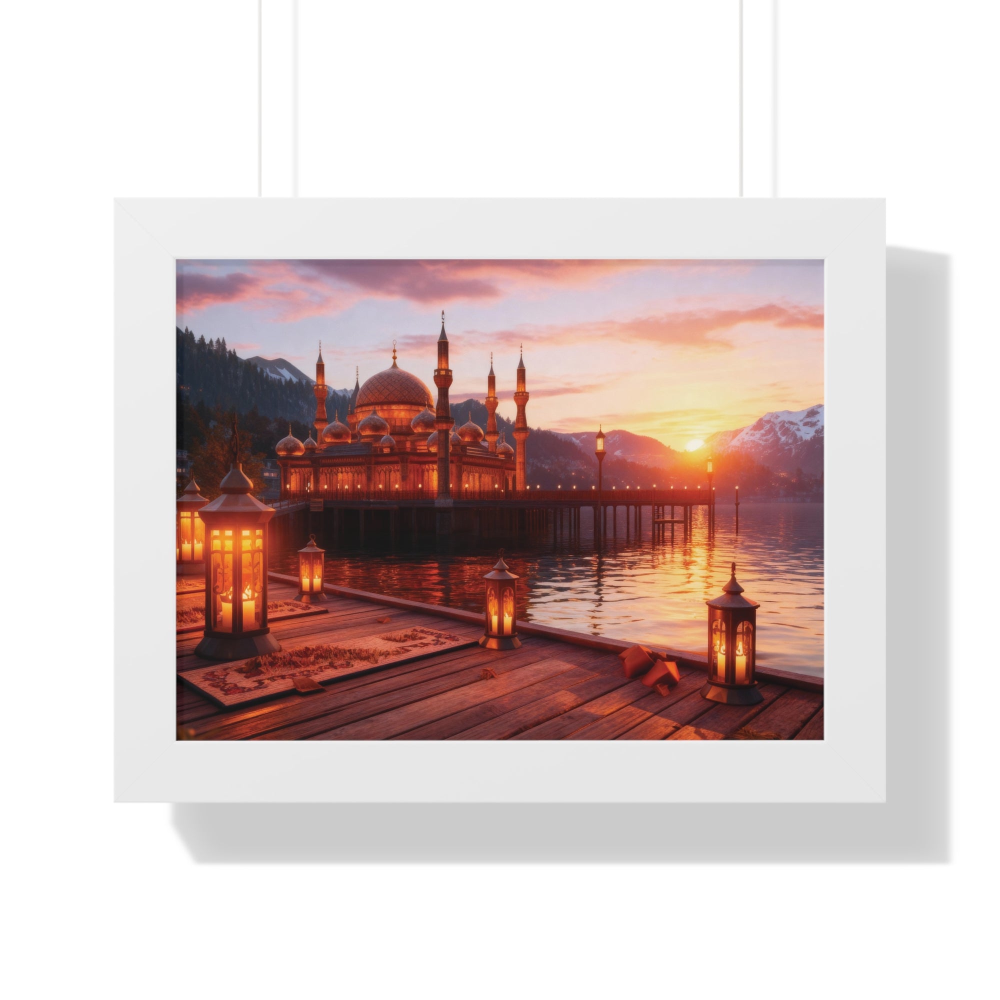 Twilight Serenity – Illuminated Mosque Reflections Framed Wall Art
