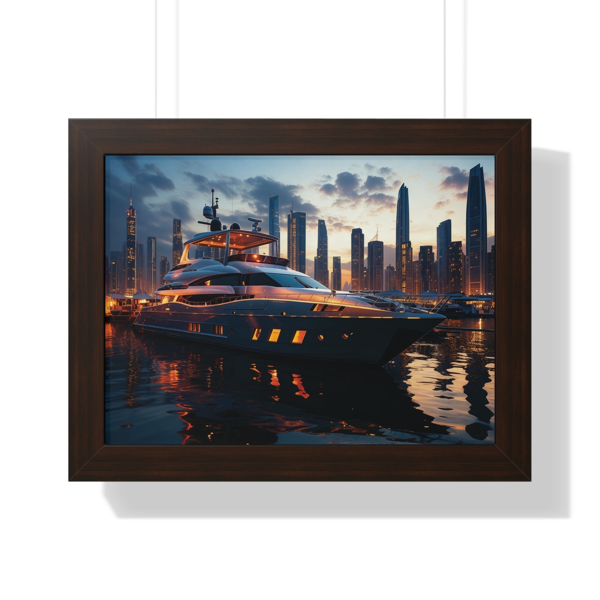 Framed Luxury Yacht at Sunset – Unique Marina Cityscape Wall Art