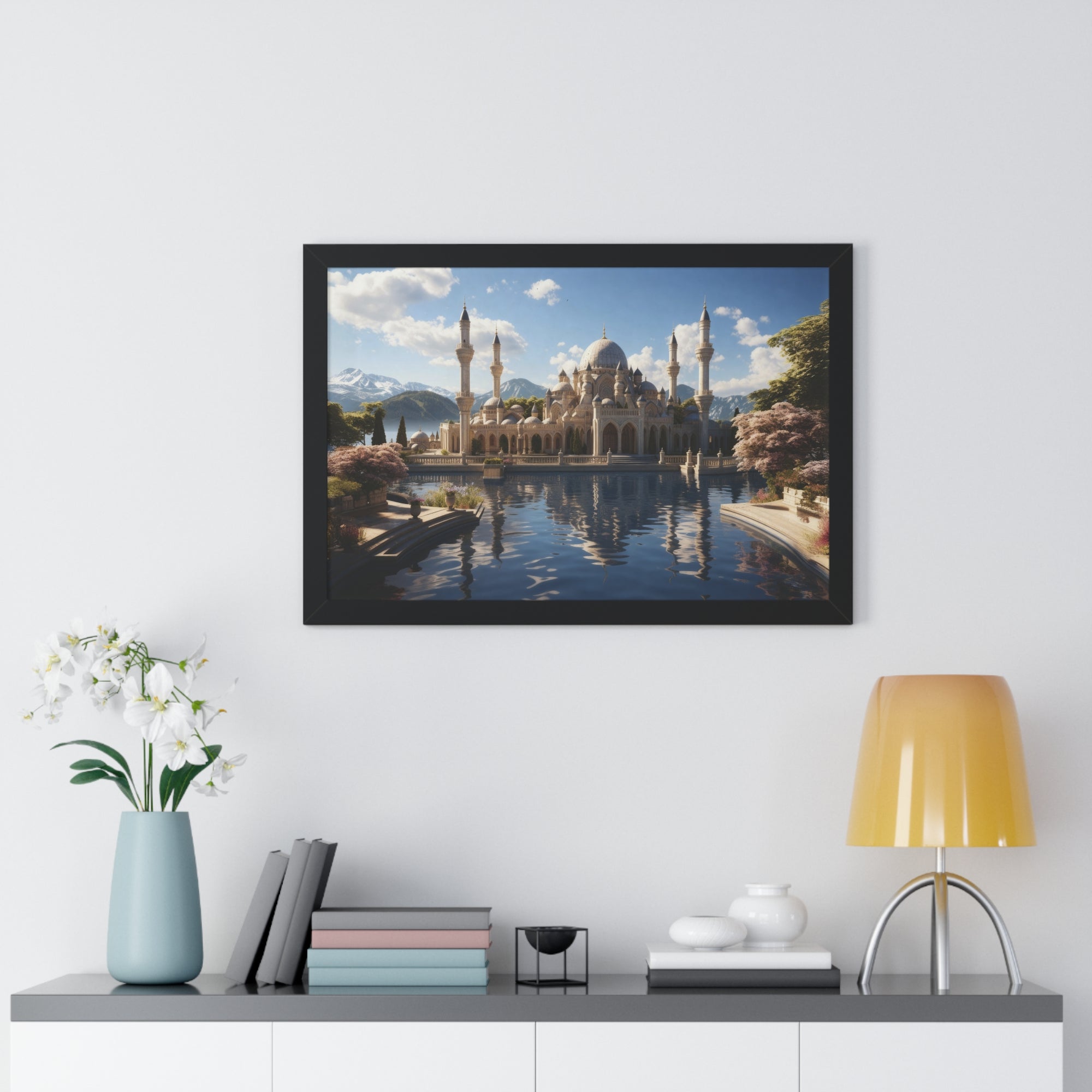 Mirrored Tranquility – Framed Mosque by the Lake Wall Art