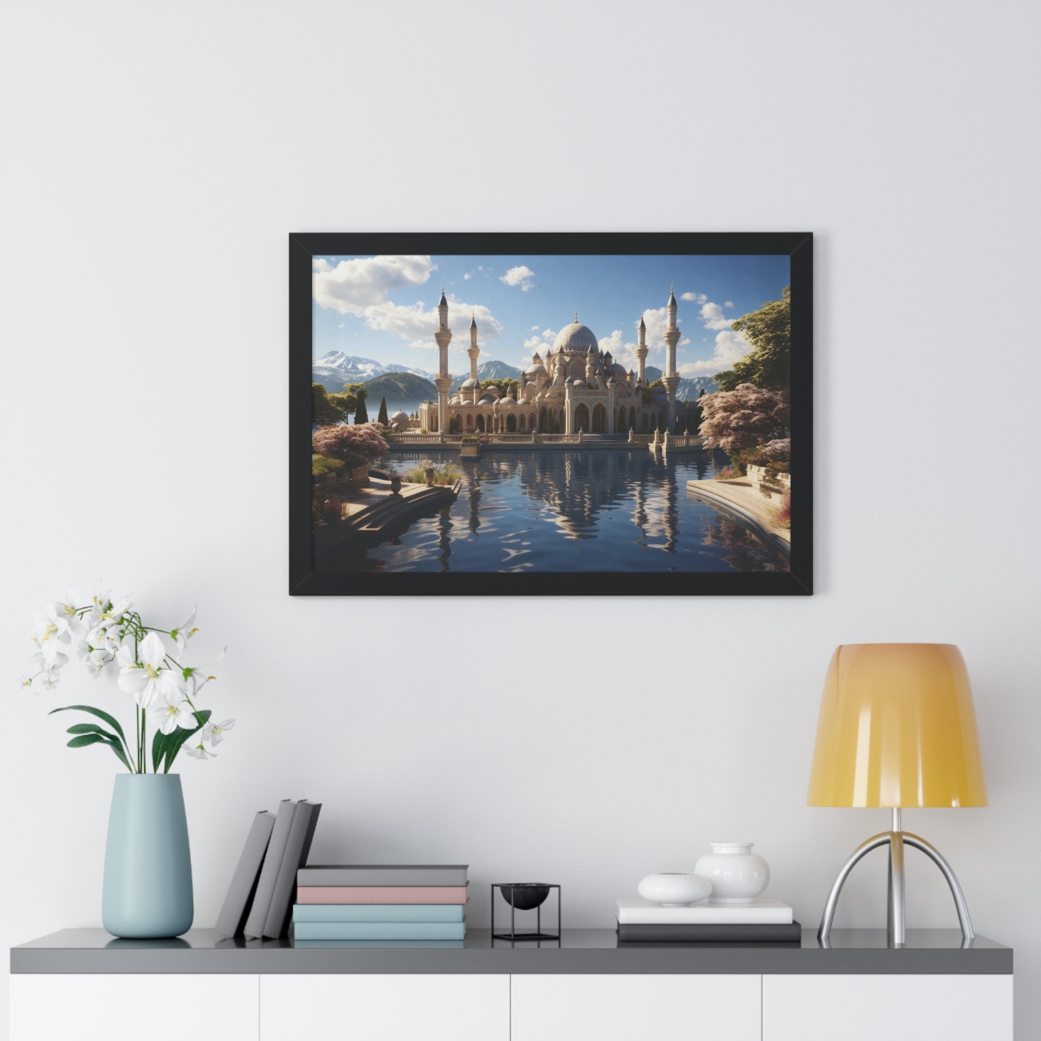 Mirrored Tranquility – Framed Mosque by the Lake Wall Art