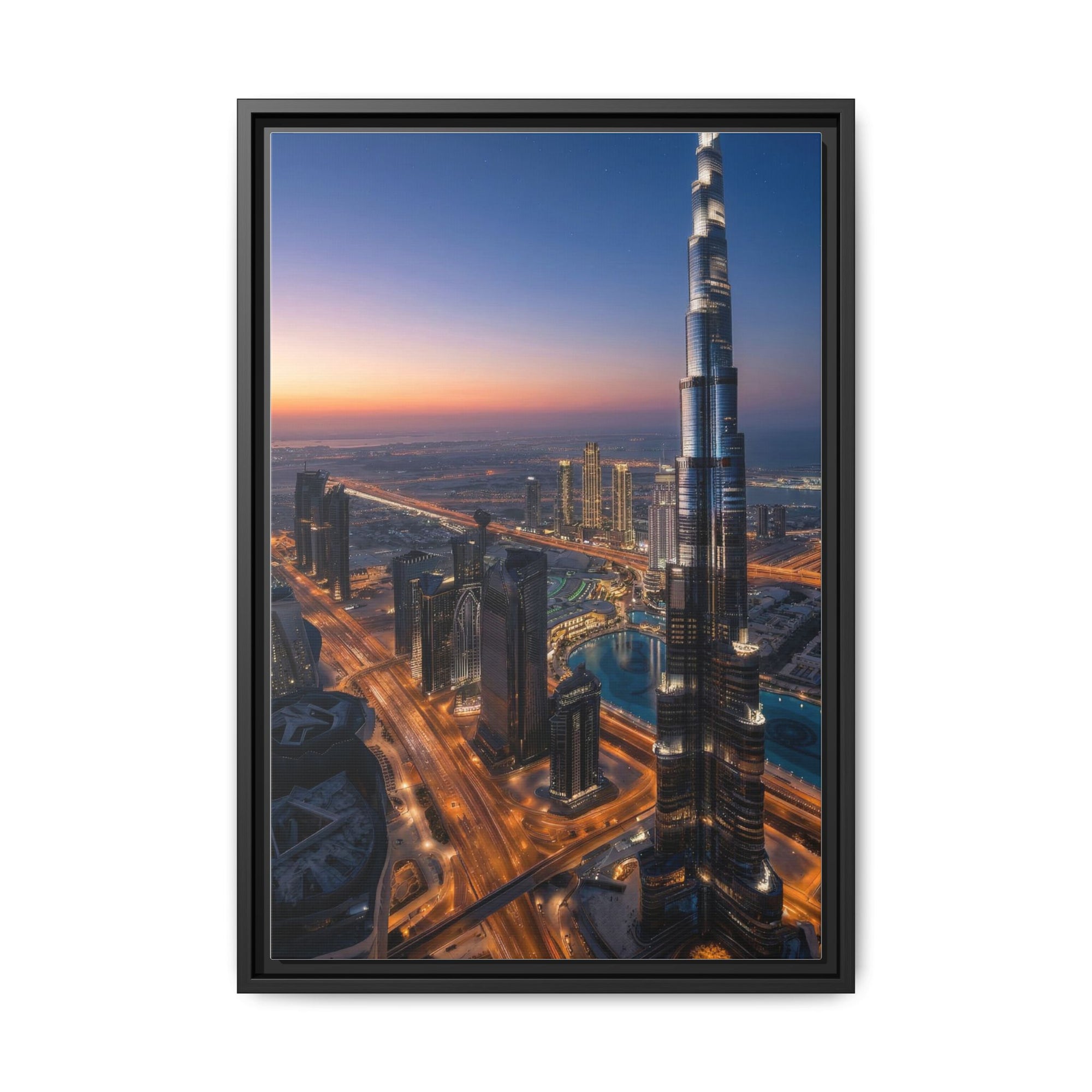 Framed Dubai Skyline at Dusk – Stunning Cityscape Wall Art