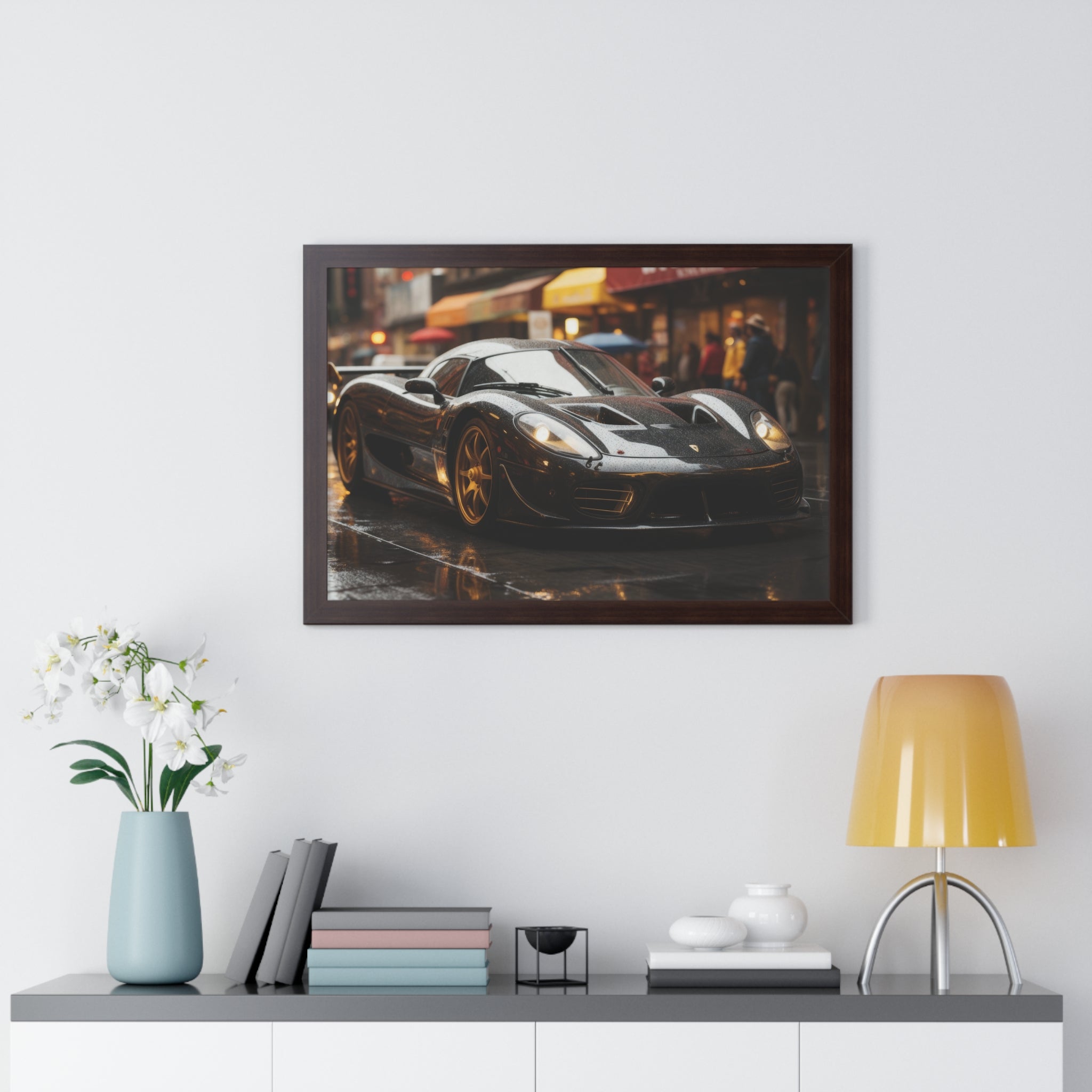 Exotic Black Ferrari F50 Framed Horizontal Poster – Supercar Wall Art for Car Enthusiasts