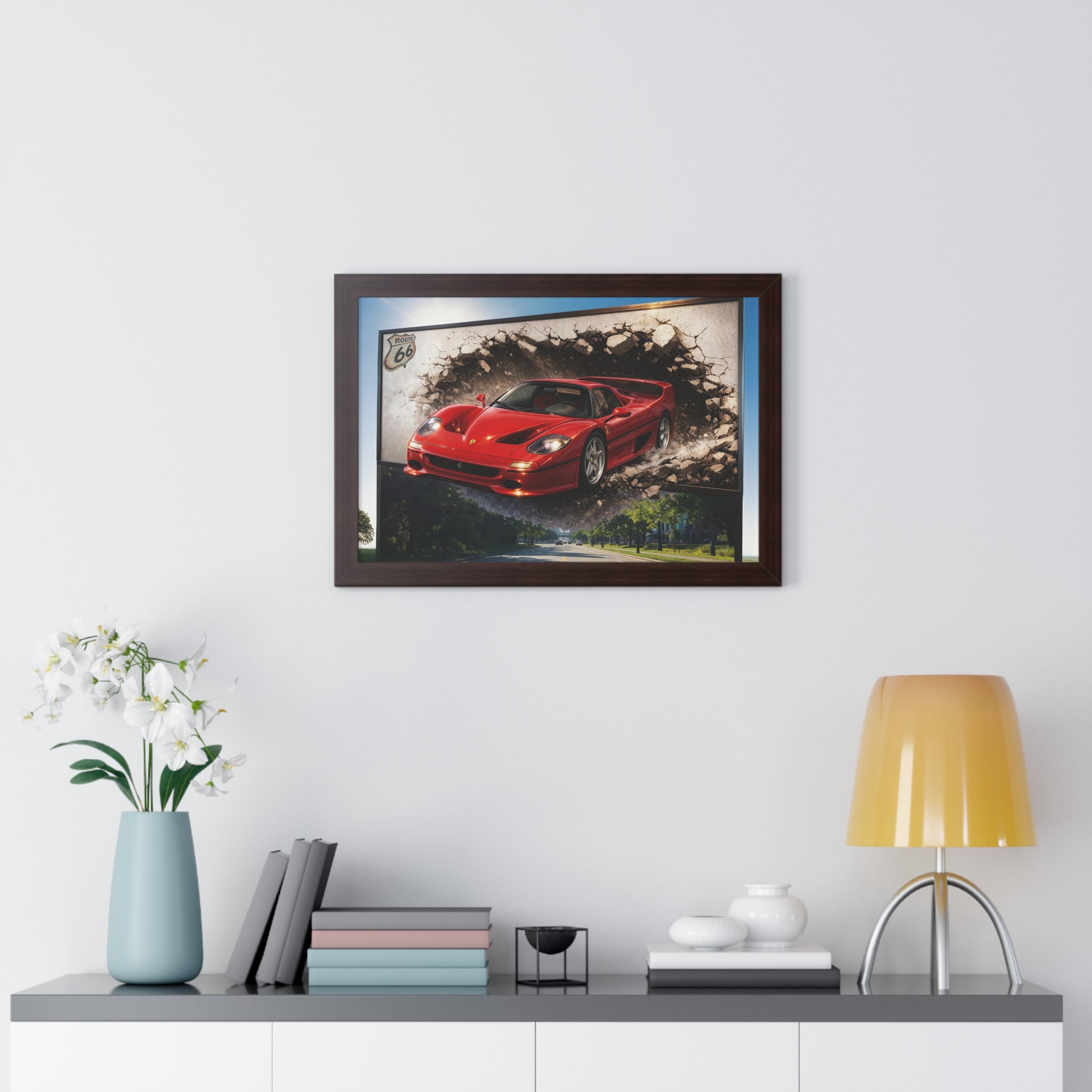 Ferrari F50 Breaking Through Wall – 4K Supercar Canvas