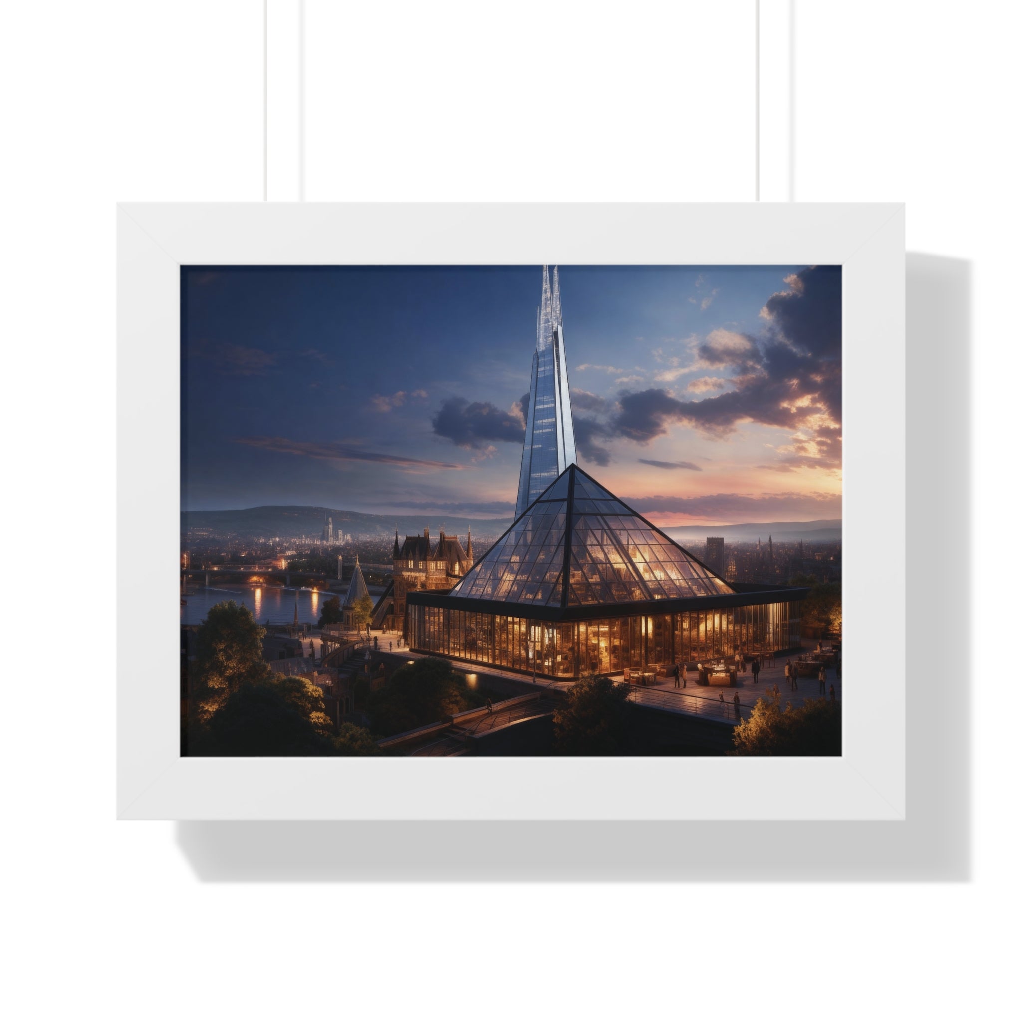Futuristic Twilight: Glass Spire & Pyramid Skyline – Illuminated Architecture Wall Art
