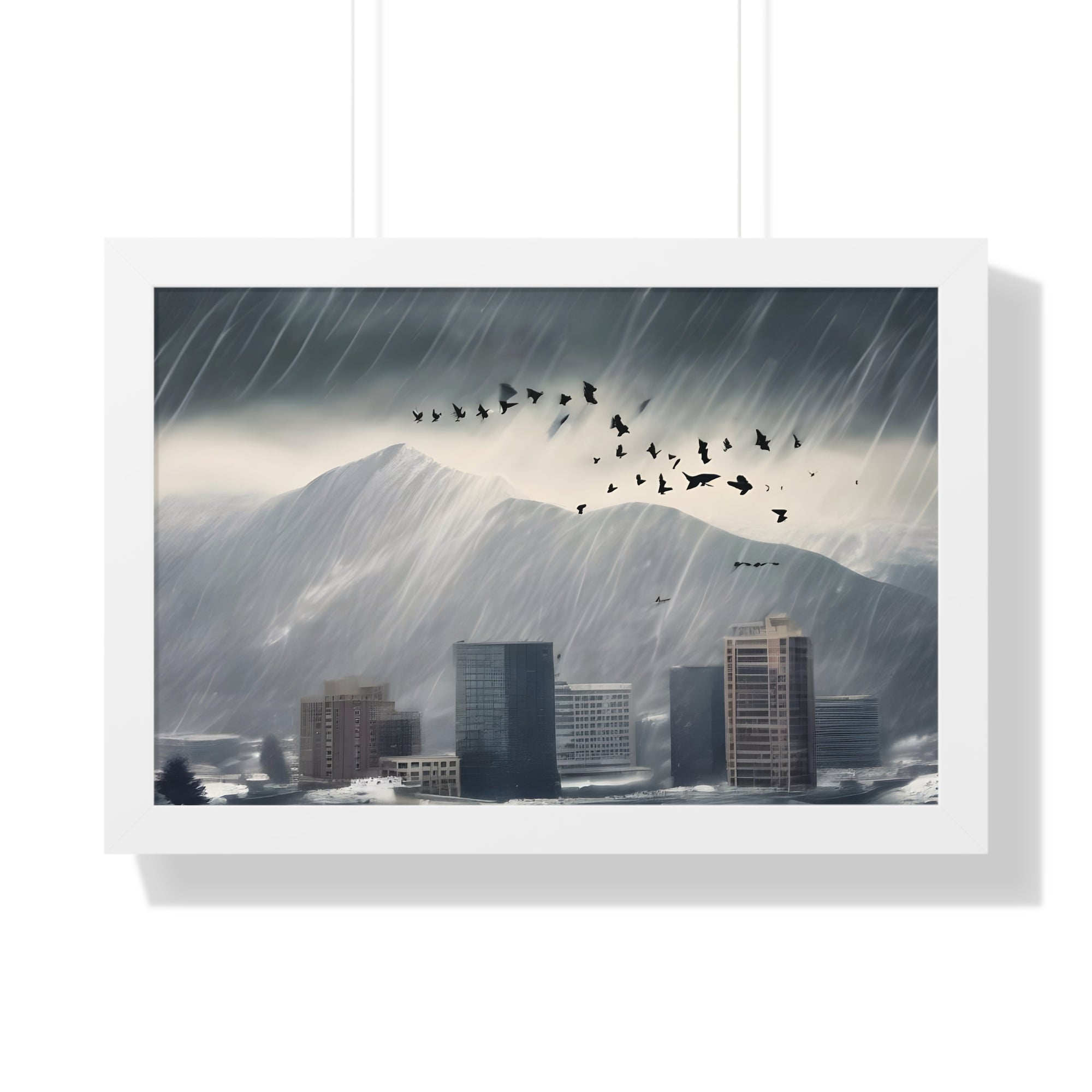 Urban Downpour with Birds in Flight – Futuristic Wall Print